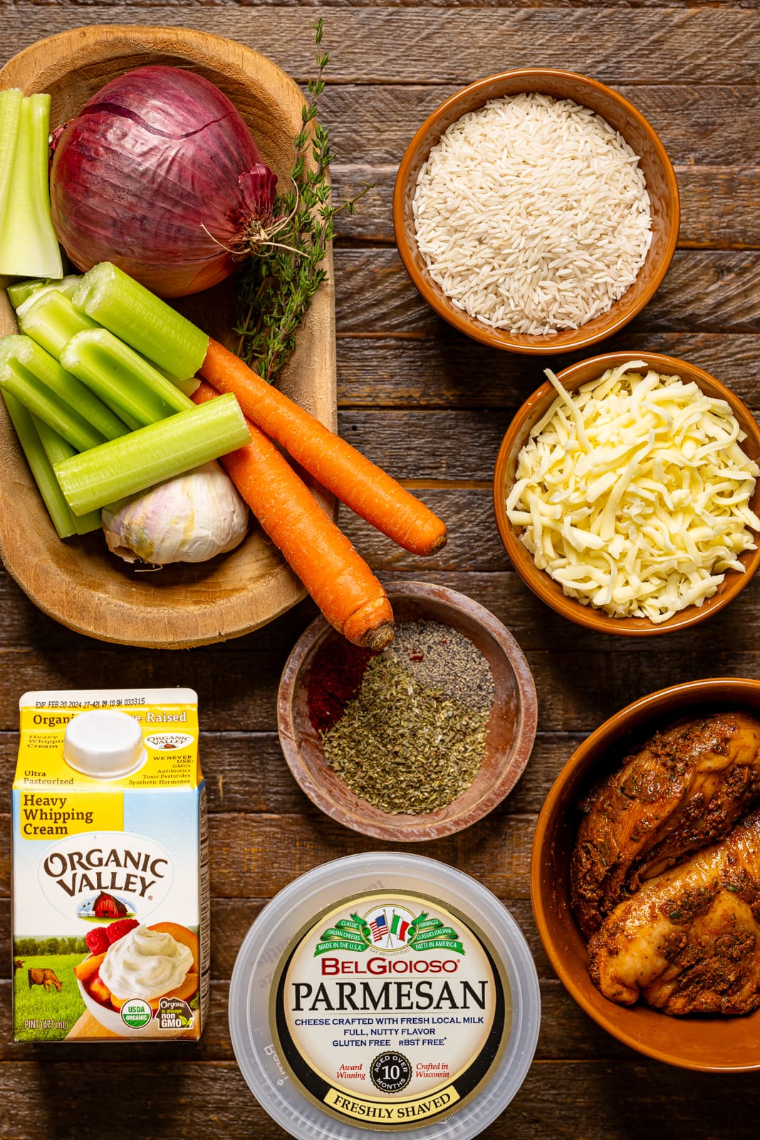 Ingredients on a brown wood table.