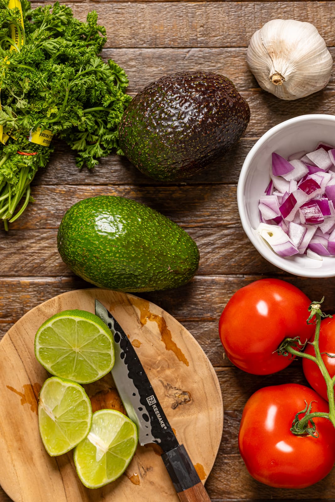 Ingredients on a brown wood table.