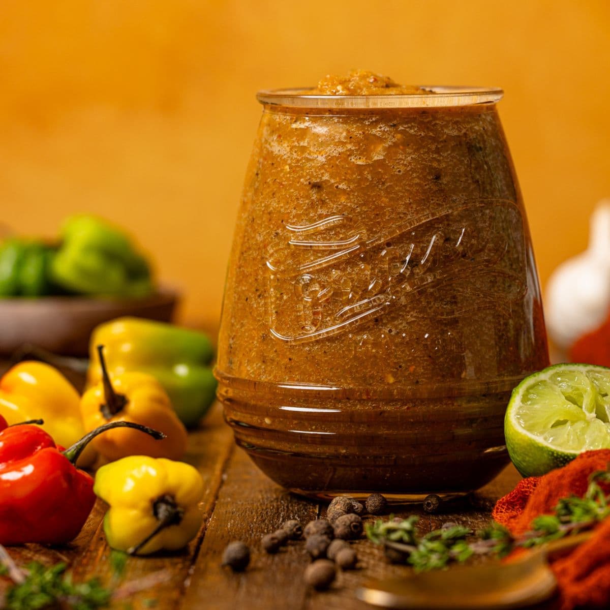 Pepper sauce in a mason jar with scotch bonnet peppers and pimento seeds.