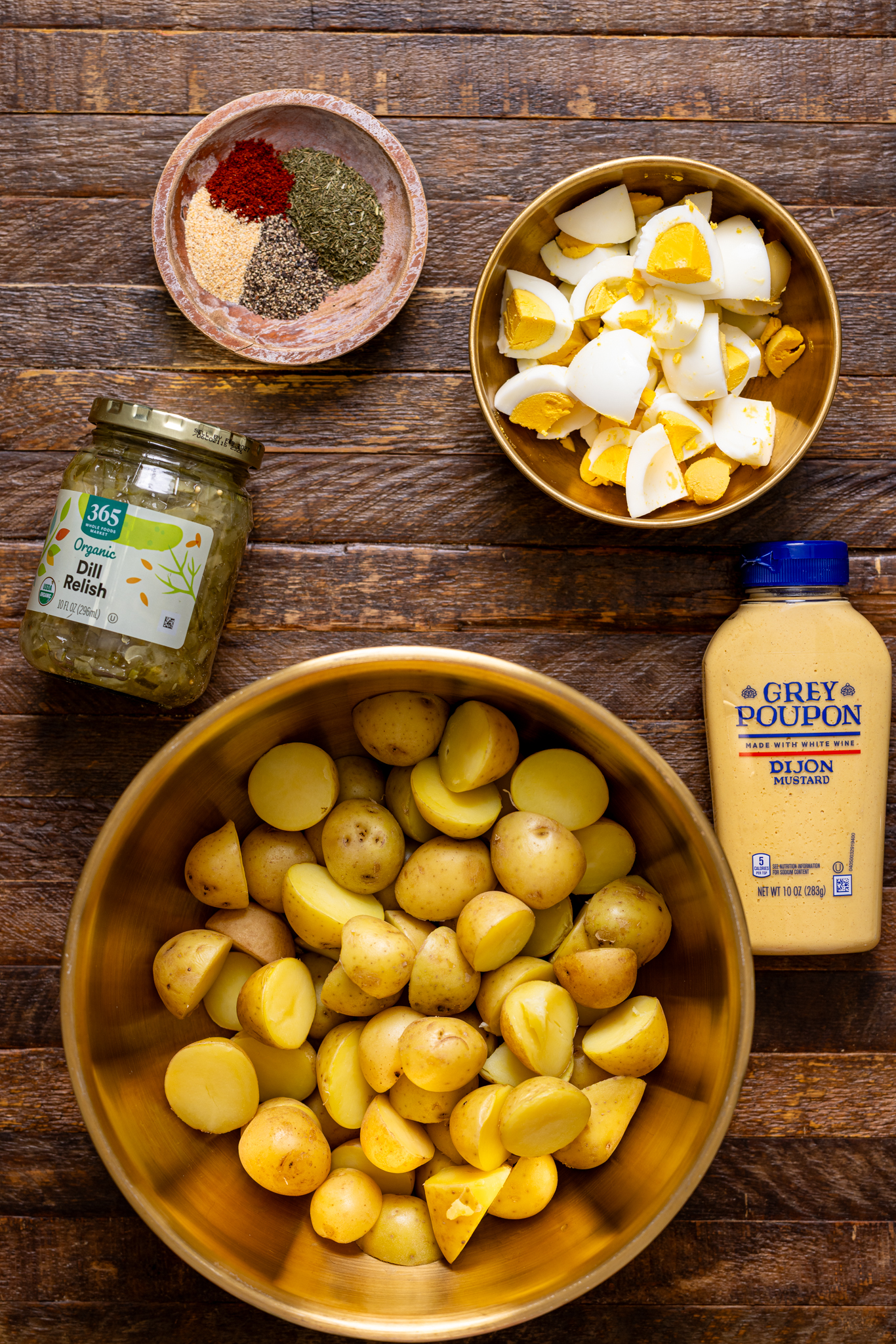 Ingredients on a brown wood table.