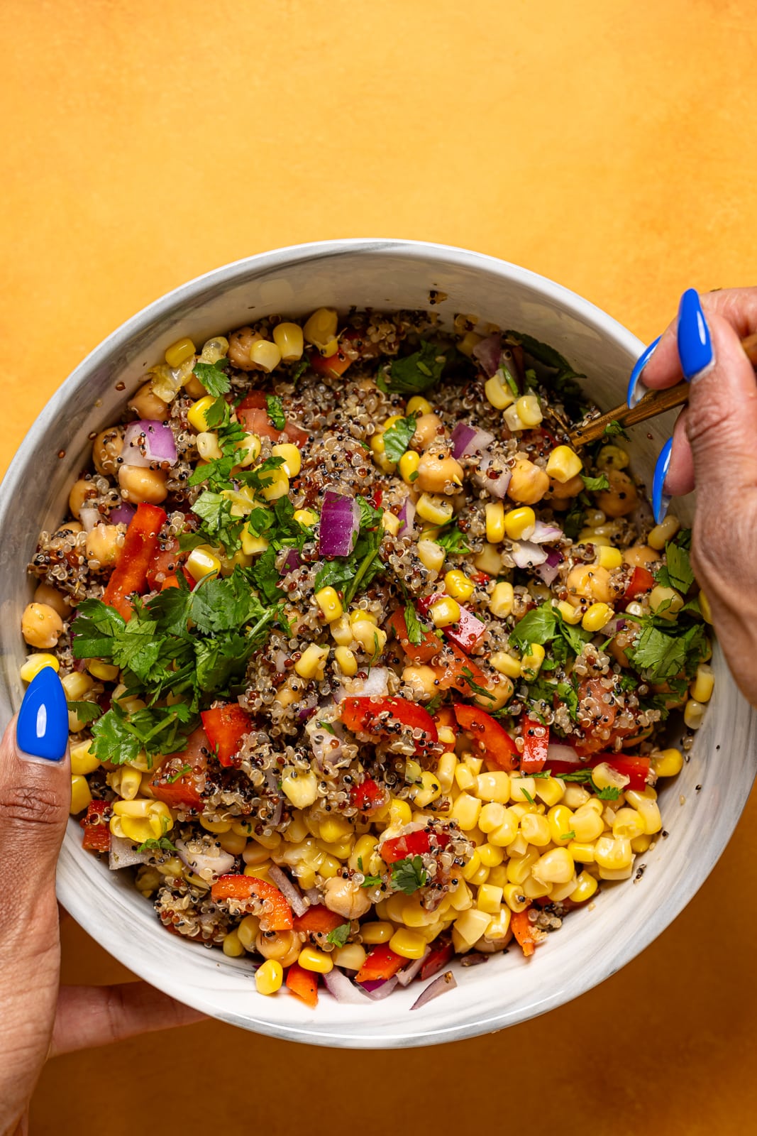 All ingredients in a bowl being mixed together.