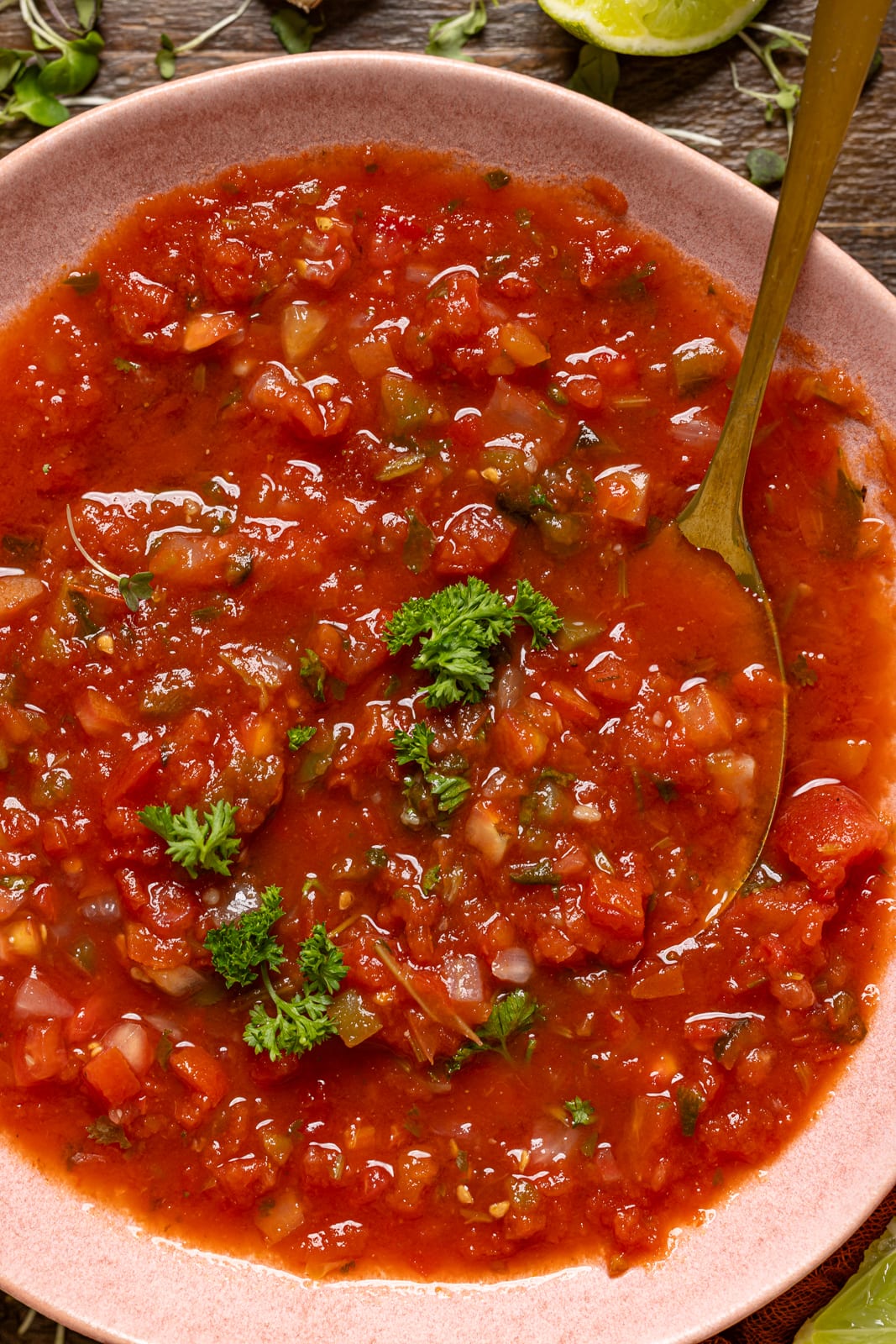 Up close shot of salsa in a bowl with a spoon.