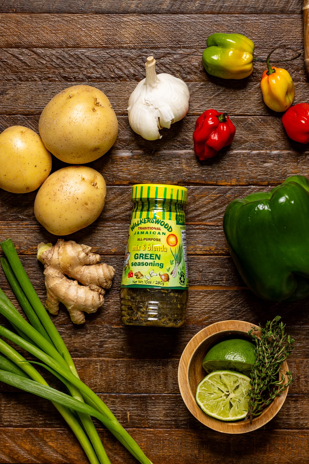 Ingredients on a brown wood table.