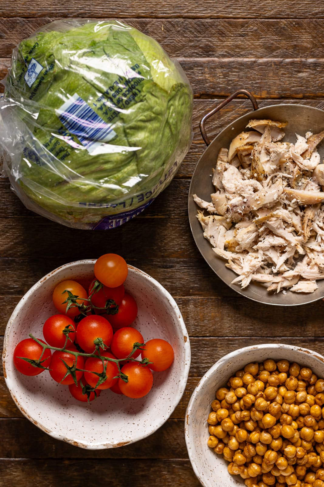 Ingredients on a brown wood table.