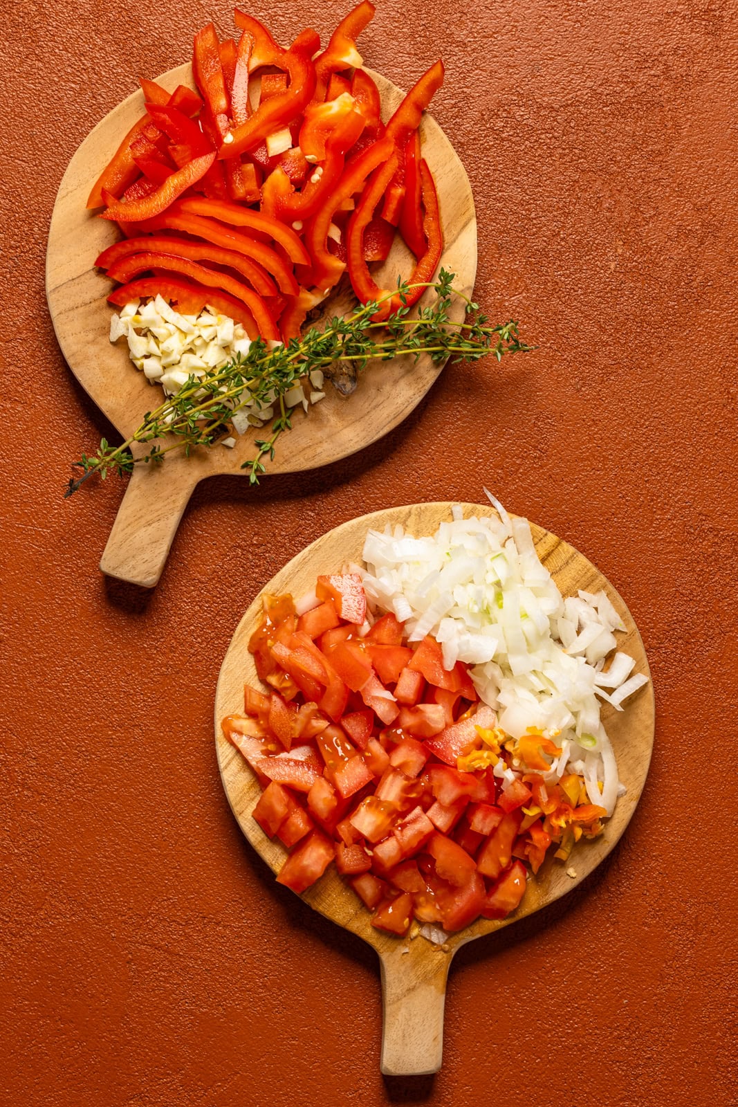 Chopped veggies on cutting boards.