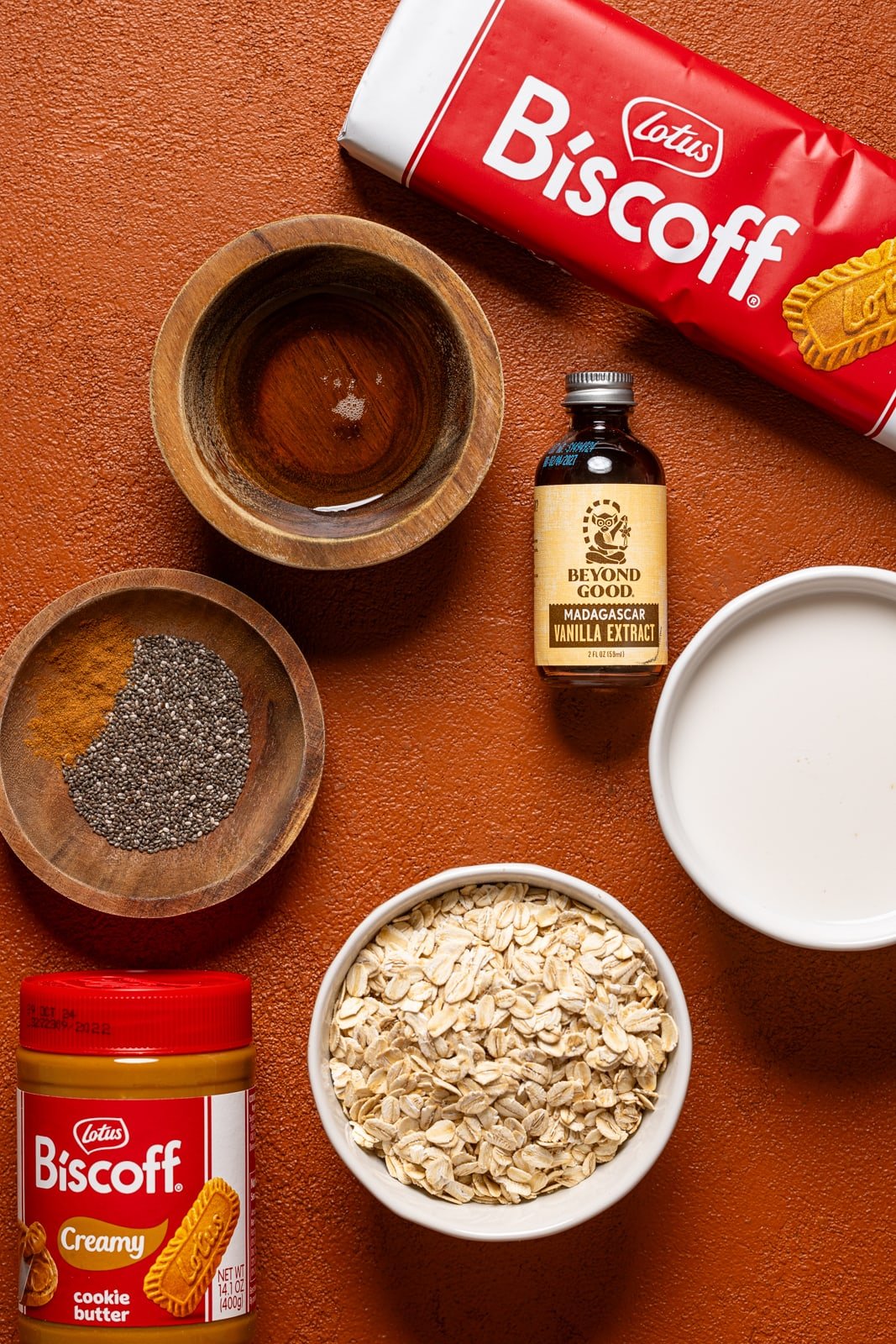 Ingredients on a burnt orange table.