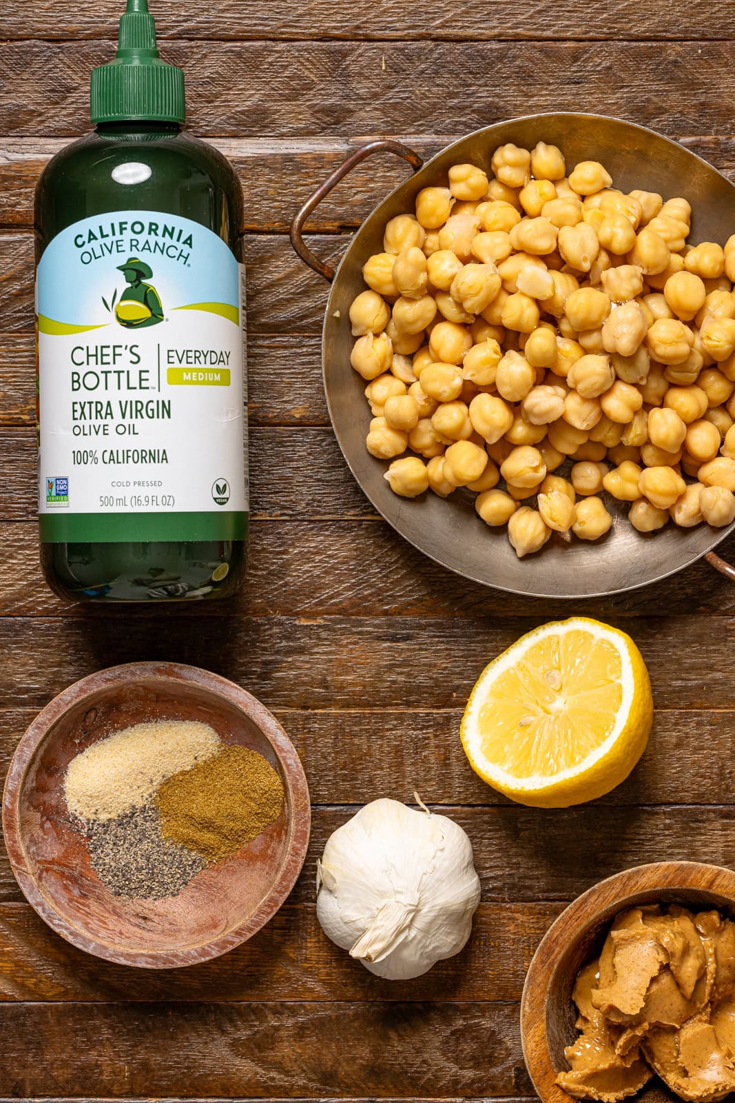 Ingredients on a brown wood table.