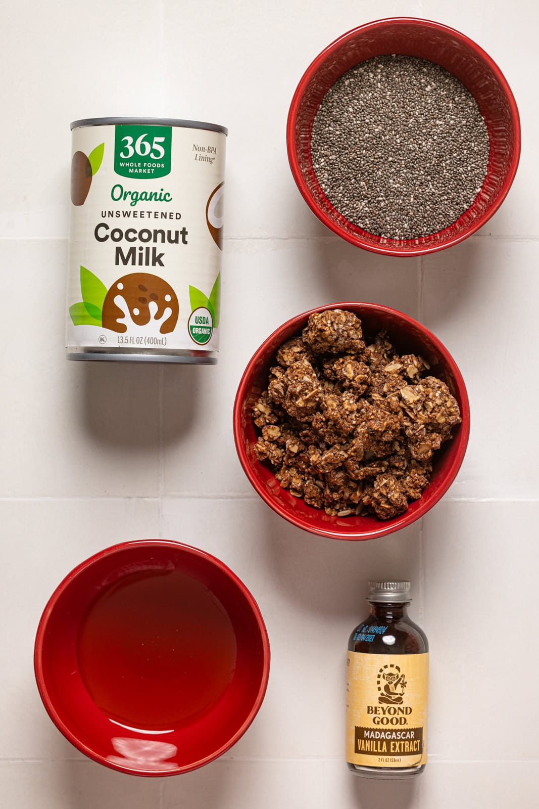 Ingredients on a white tile table.