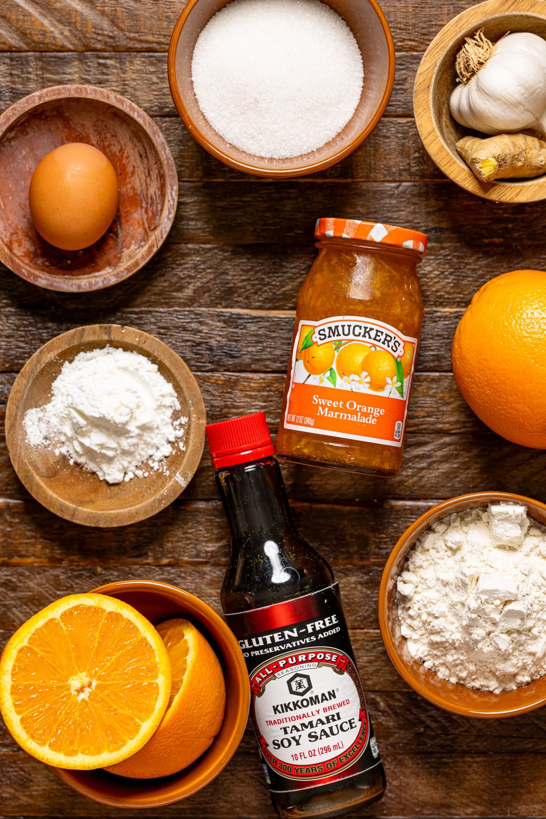 Ingredients on a brown wood table.