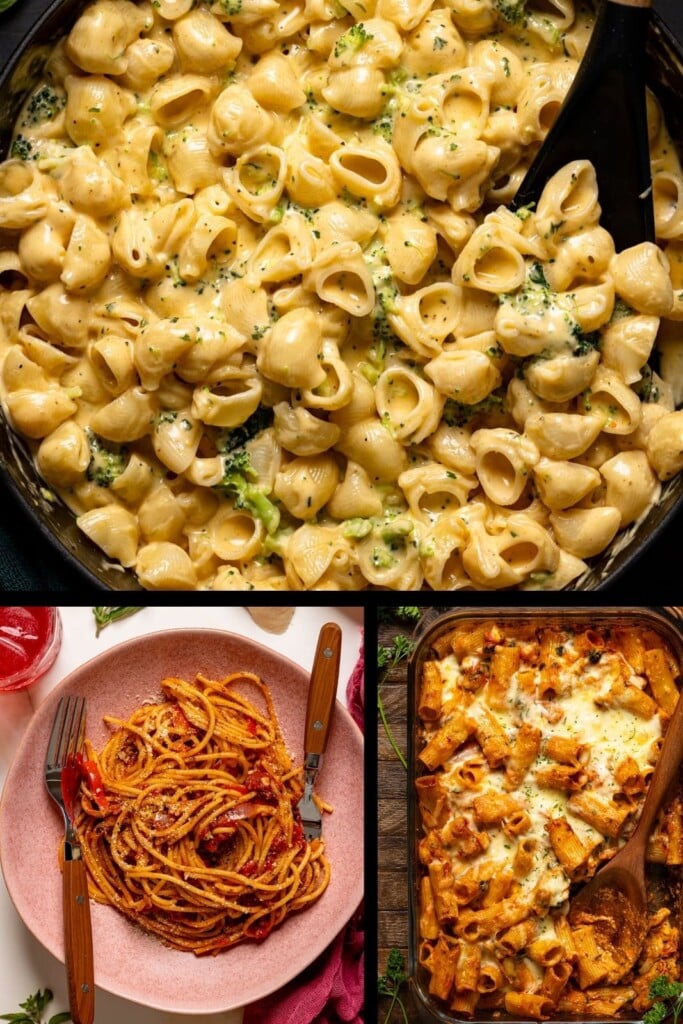 Collage of pasta recipes in roundup.