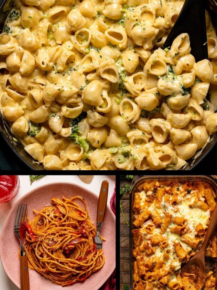 Collage of pasta recipes in roundup.