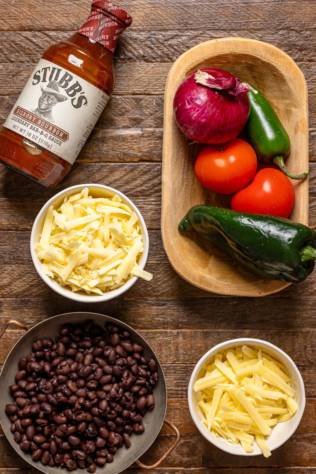 Ingredients on a brown wood table.
