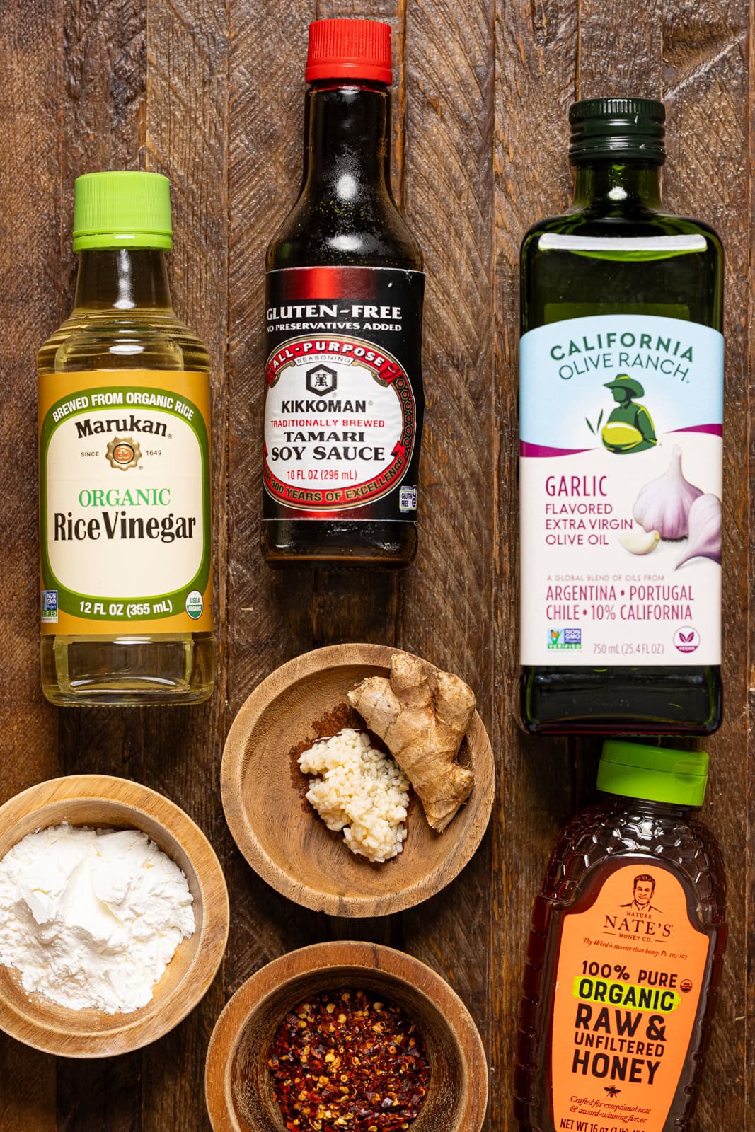 Ingredients on a brown wood table.