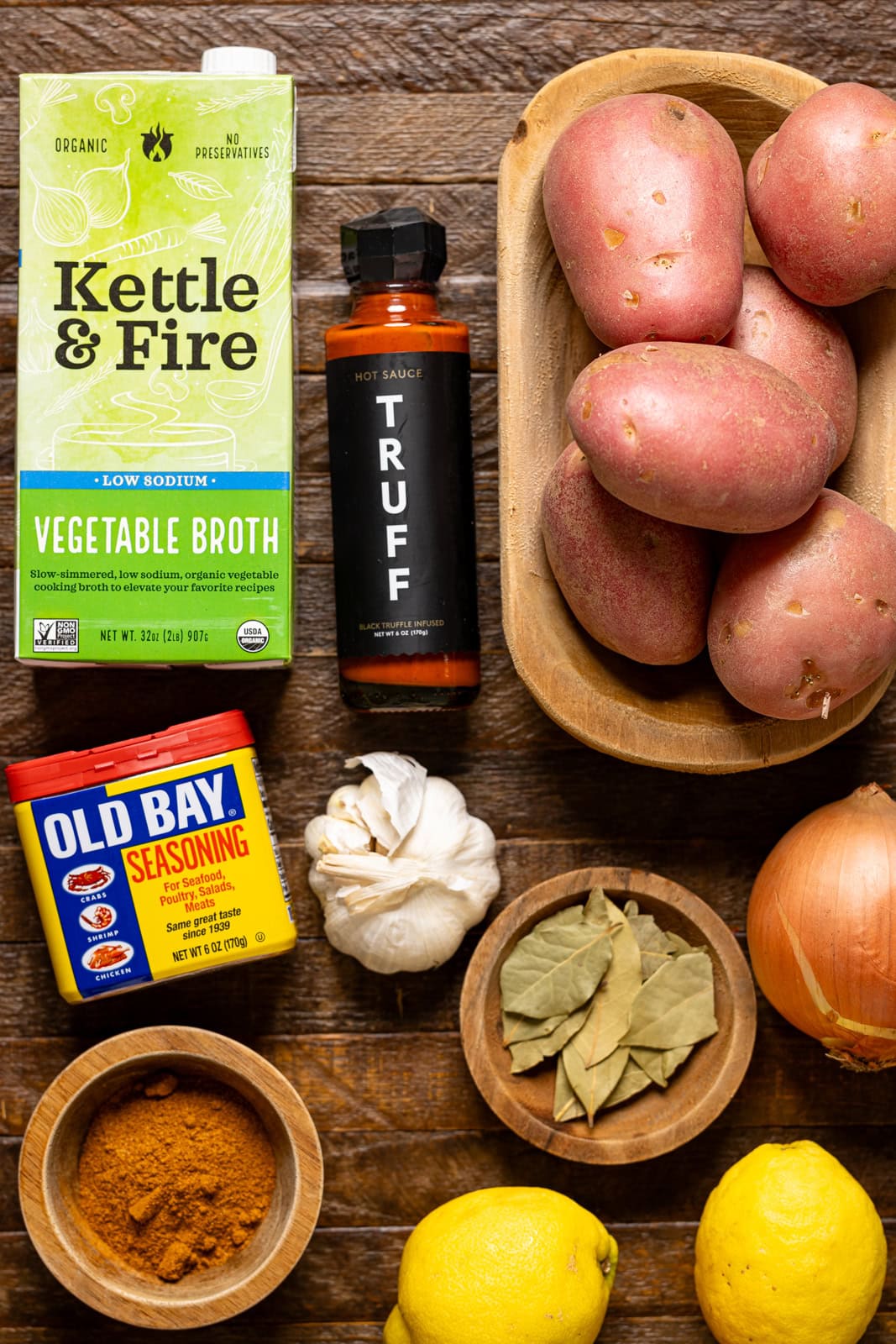 Ingredients on a brown wood table.