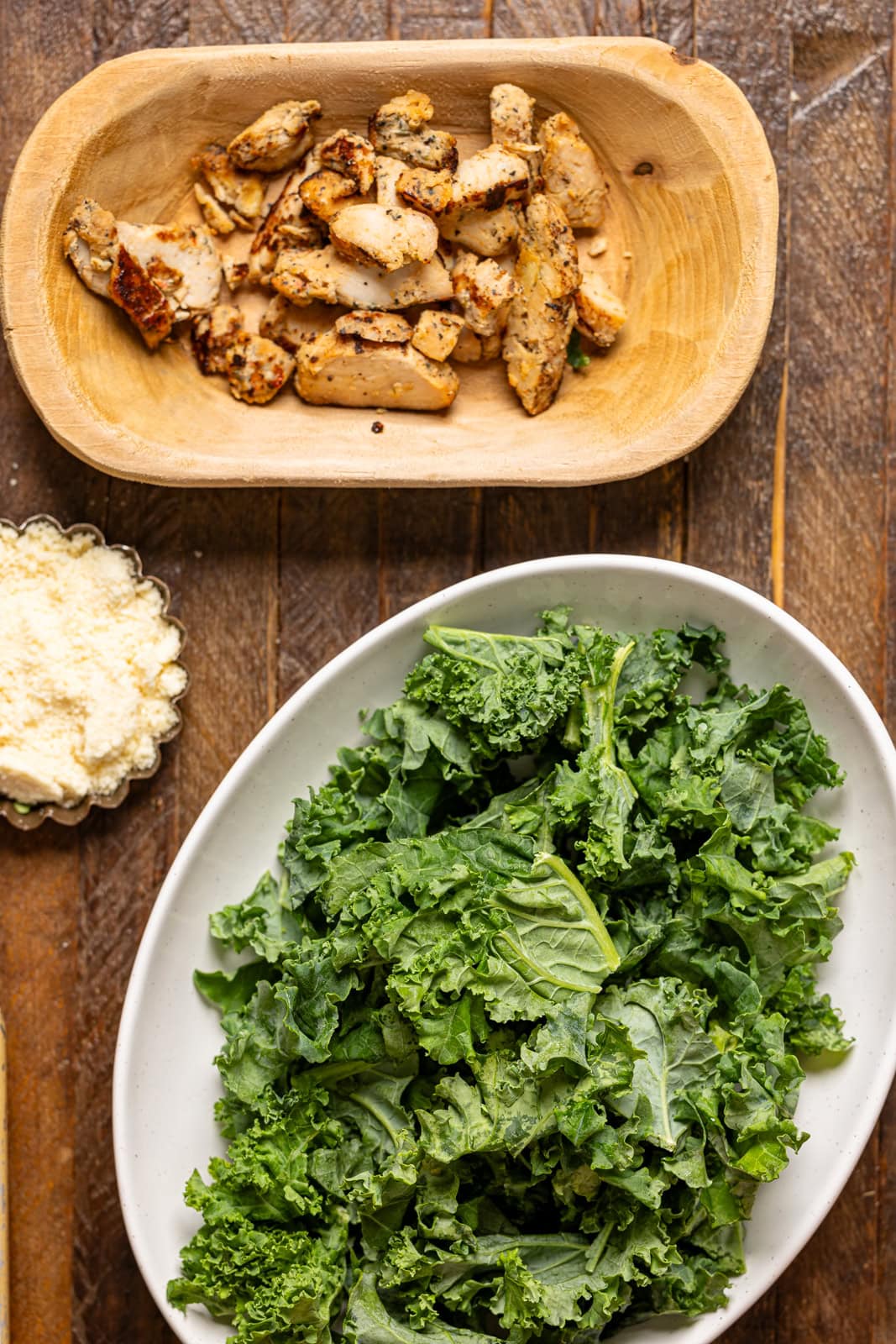 Ingredients on a brown wood table.