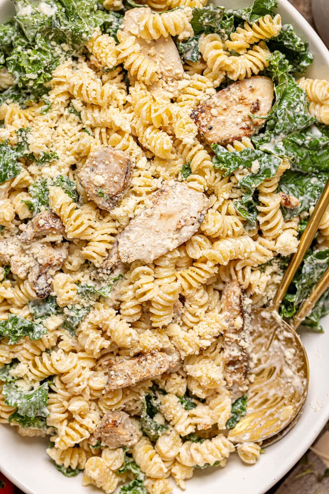 Up close shot of chicken pasta salad with two spoons.