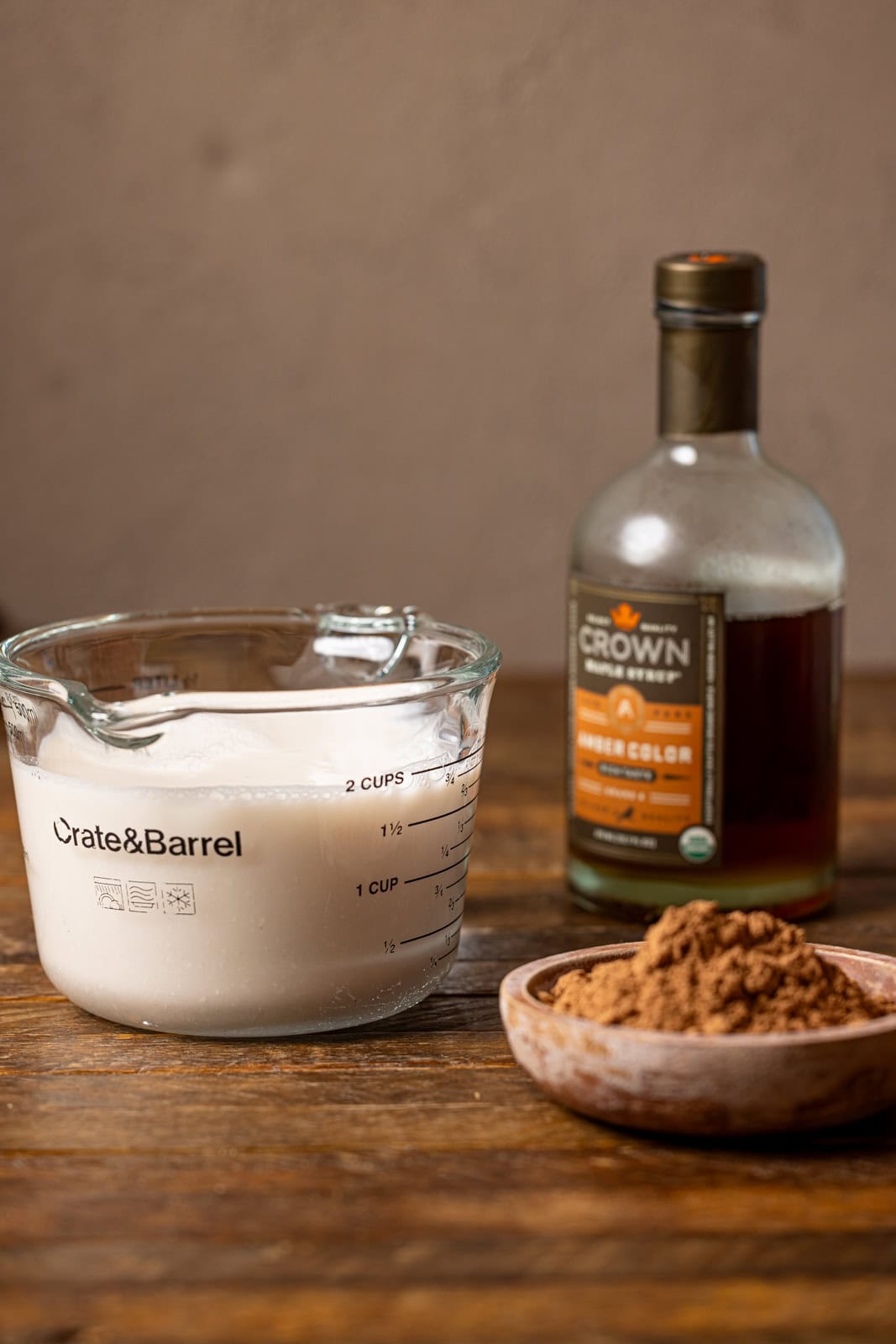 Ingredients on a brown wood table.