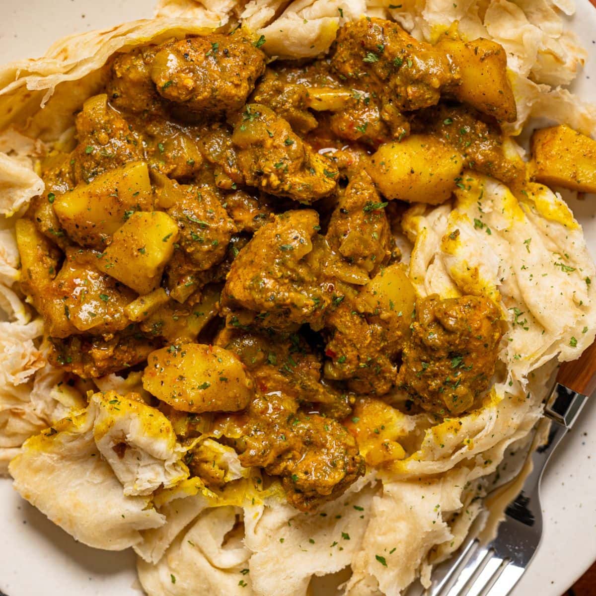 Up close shot of roti on a plate with a fork.