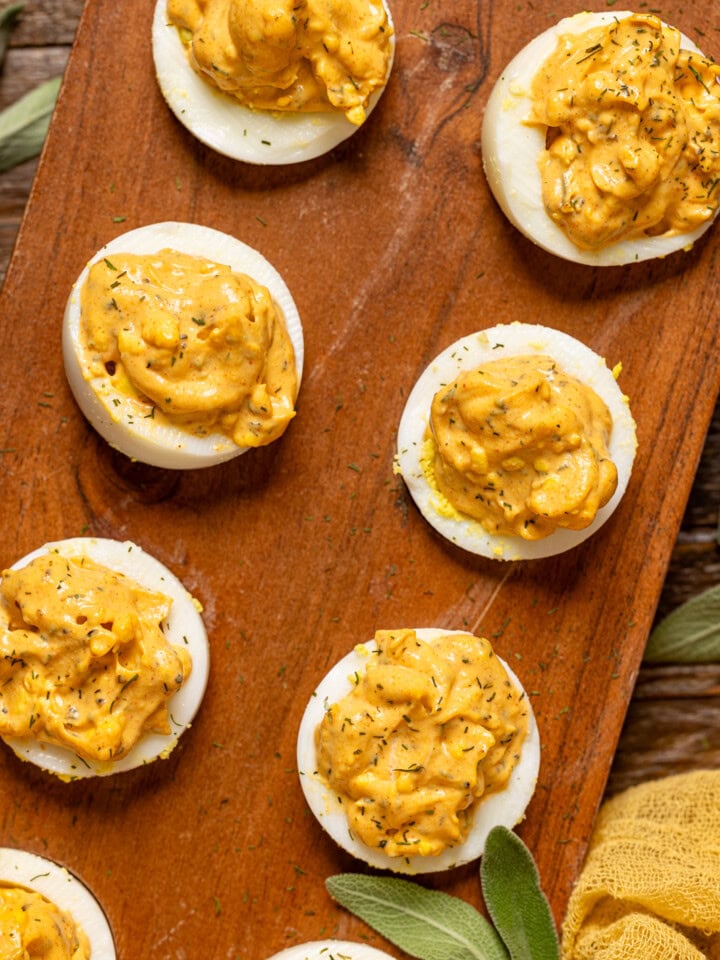 Up close shot of deviled eggs.