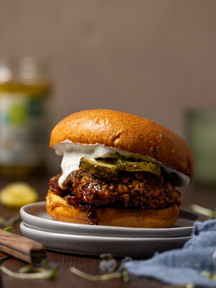 Up close shot of hot honey crispy chicken sandwich.