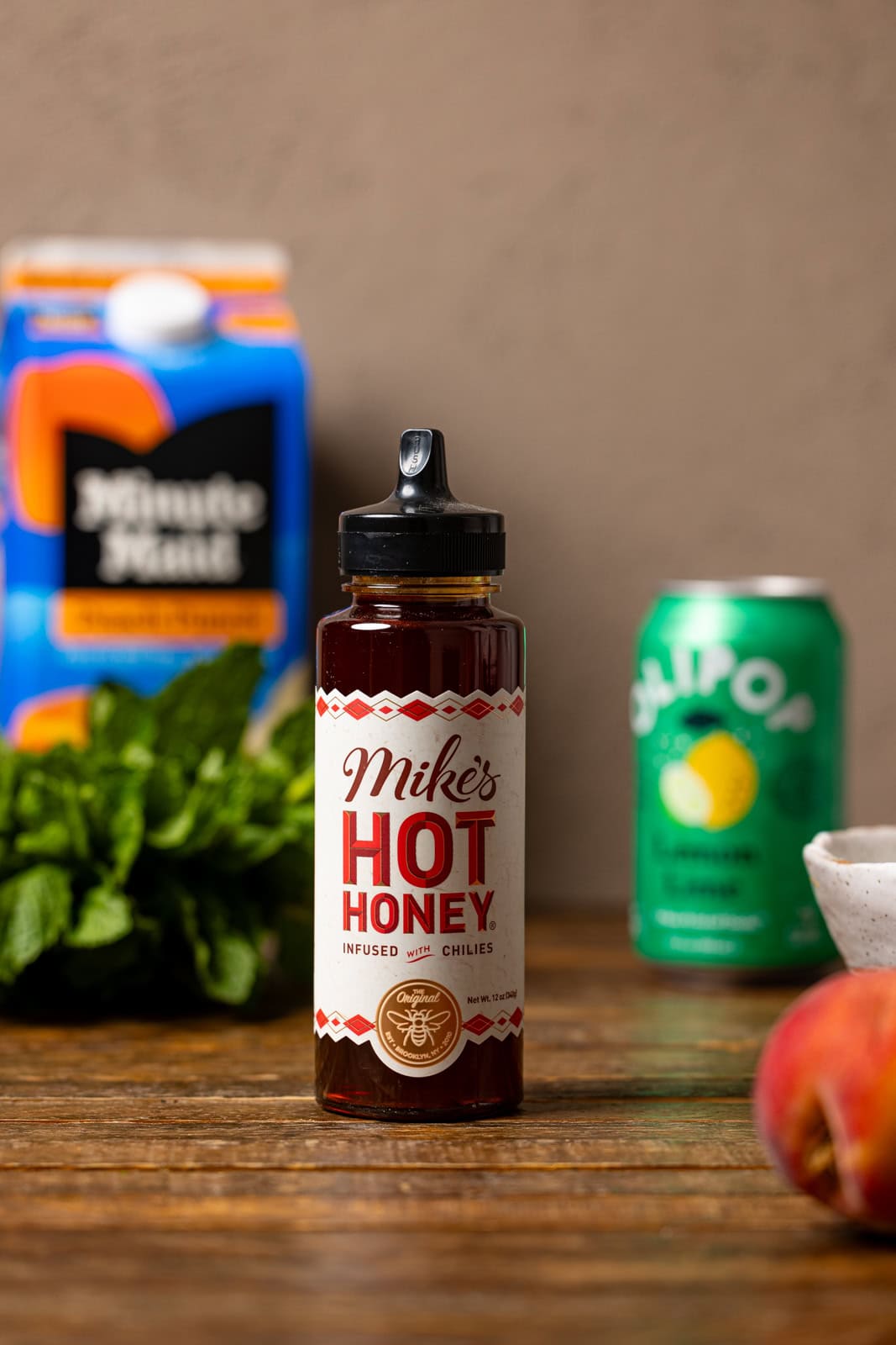 Ingredients on a brown wood table.