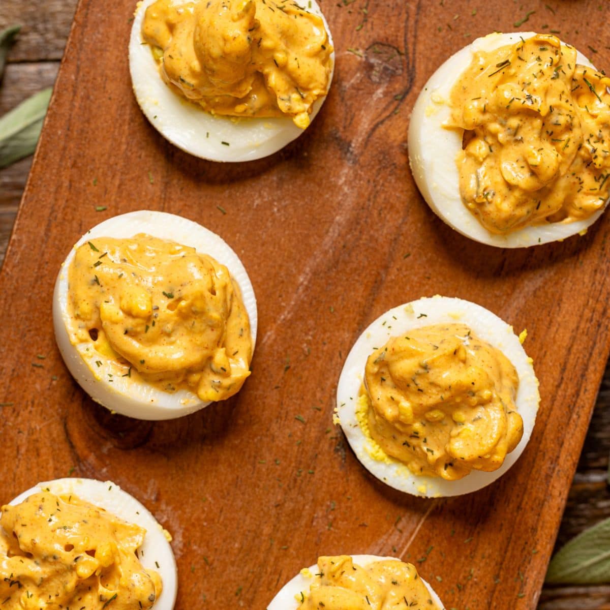 Up close shot of deviled eggs.