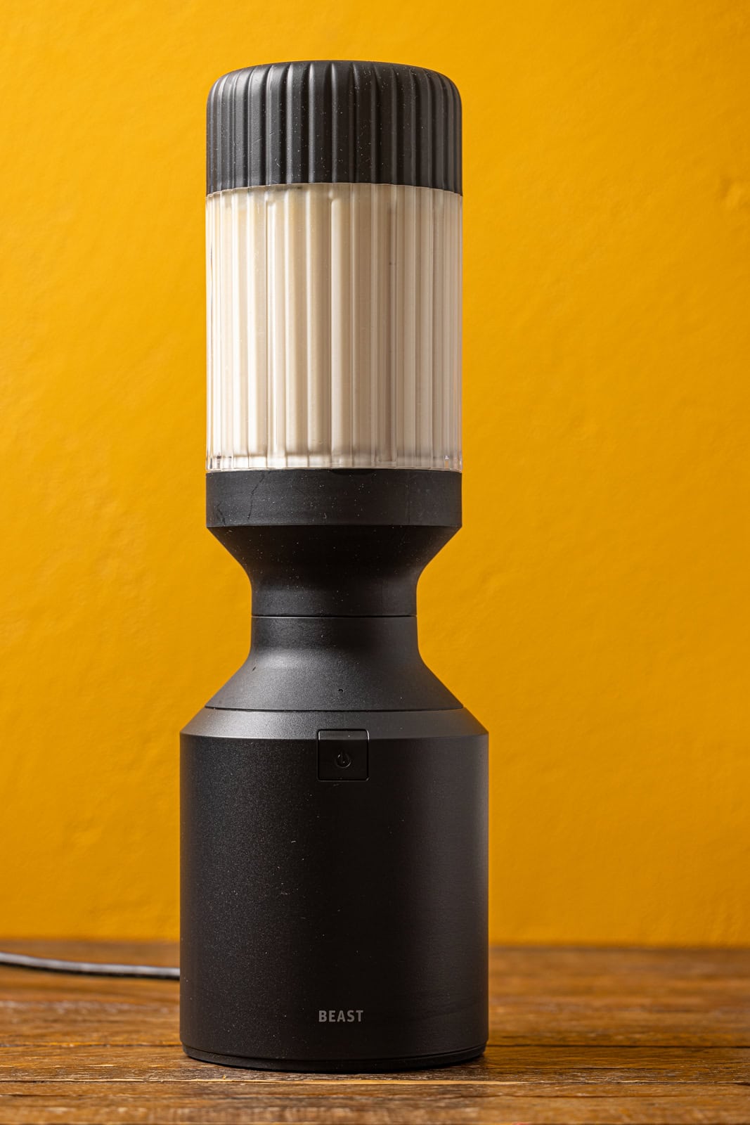 Ice cream batter in a black blender.