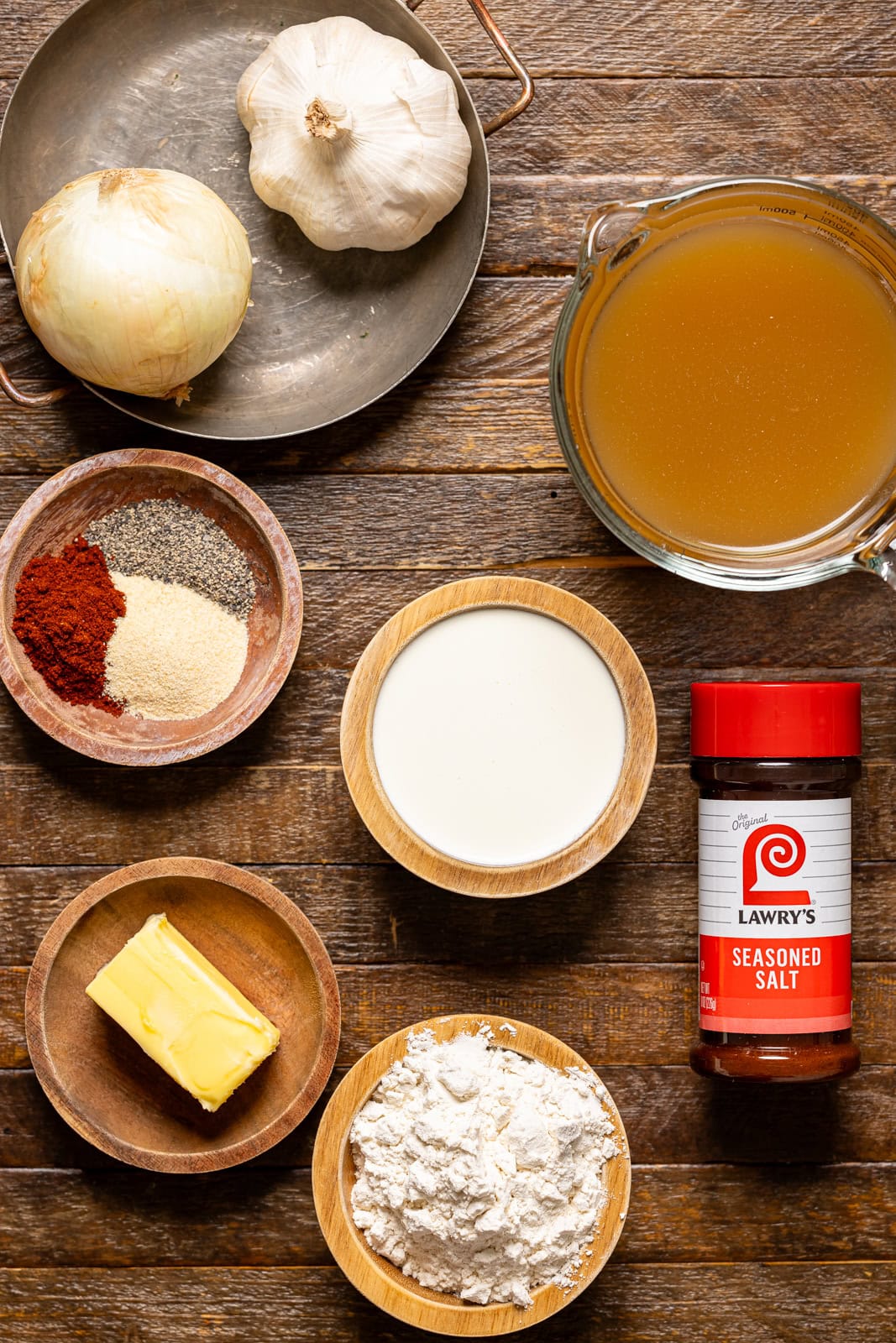 Ingredients on a brown wood table.