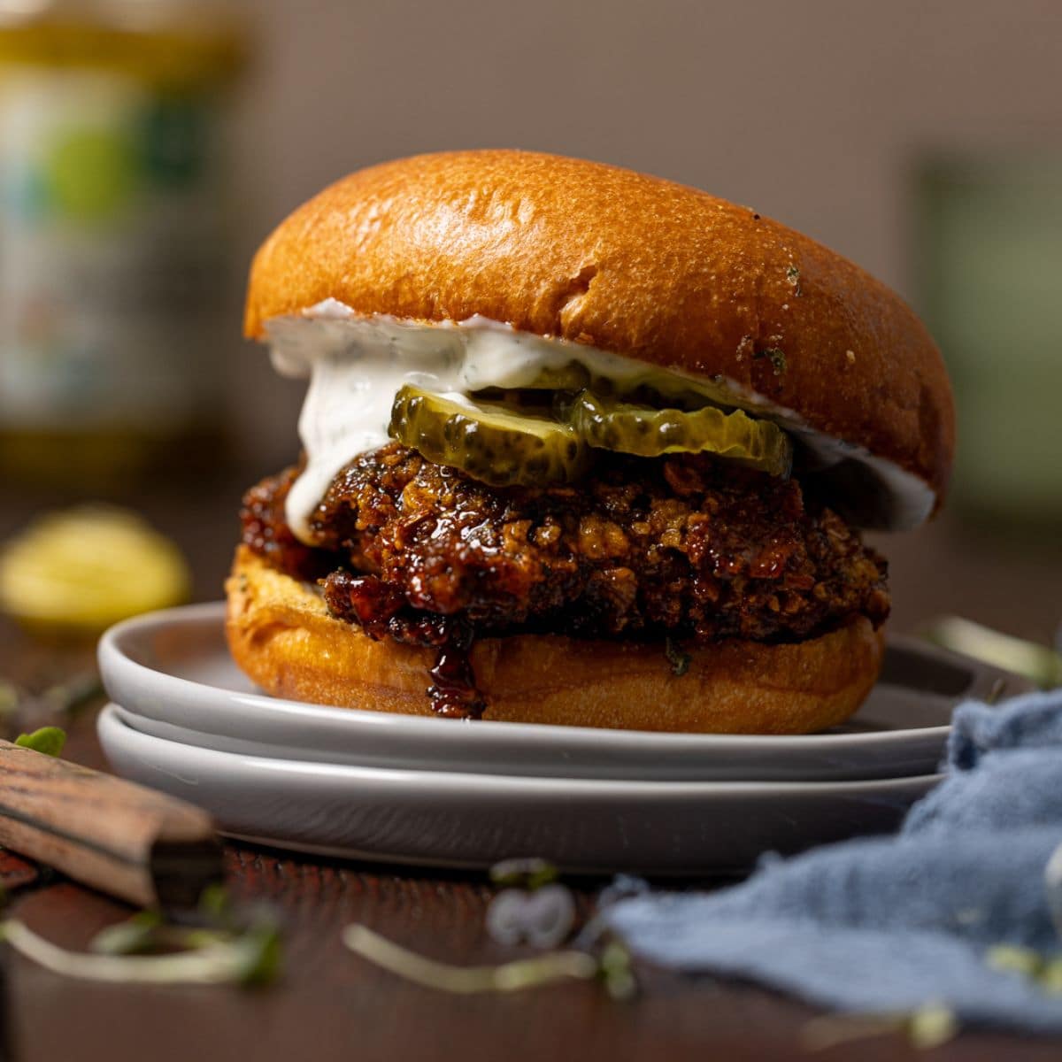 Up close shot of hot honey crispy chicken sandwich.