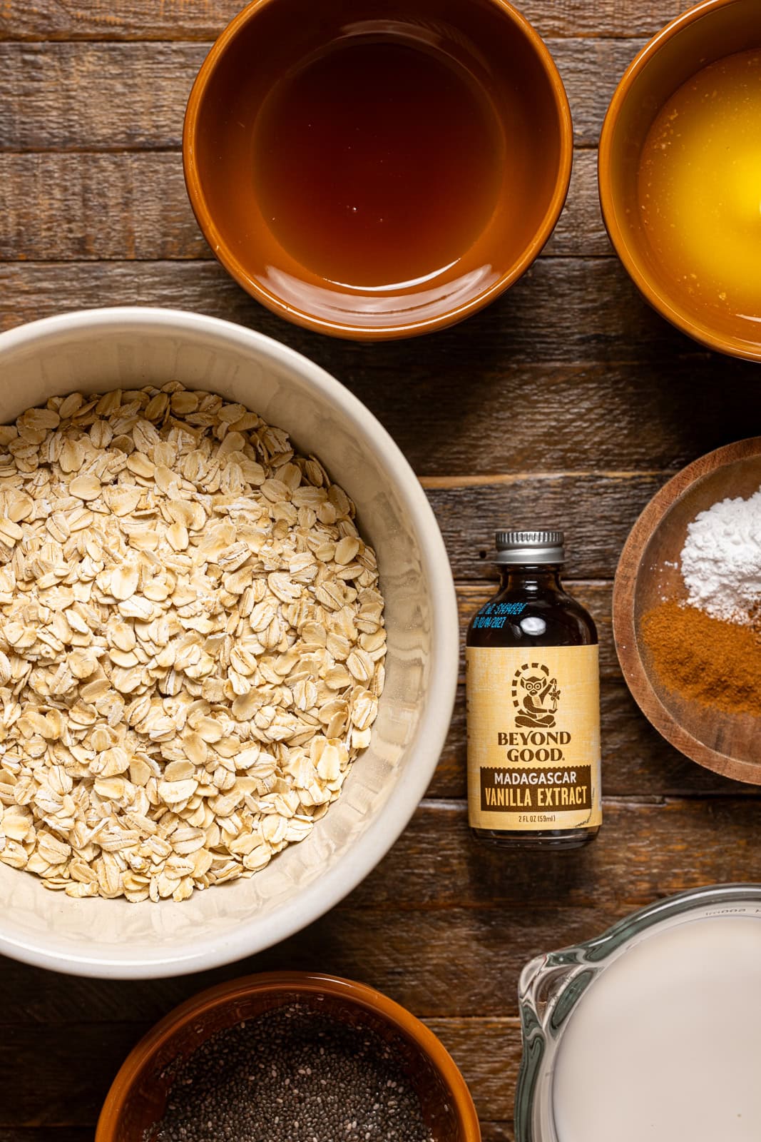 Ingredients on a brown wood table.