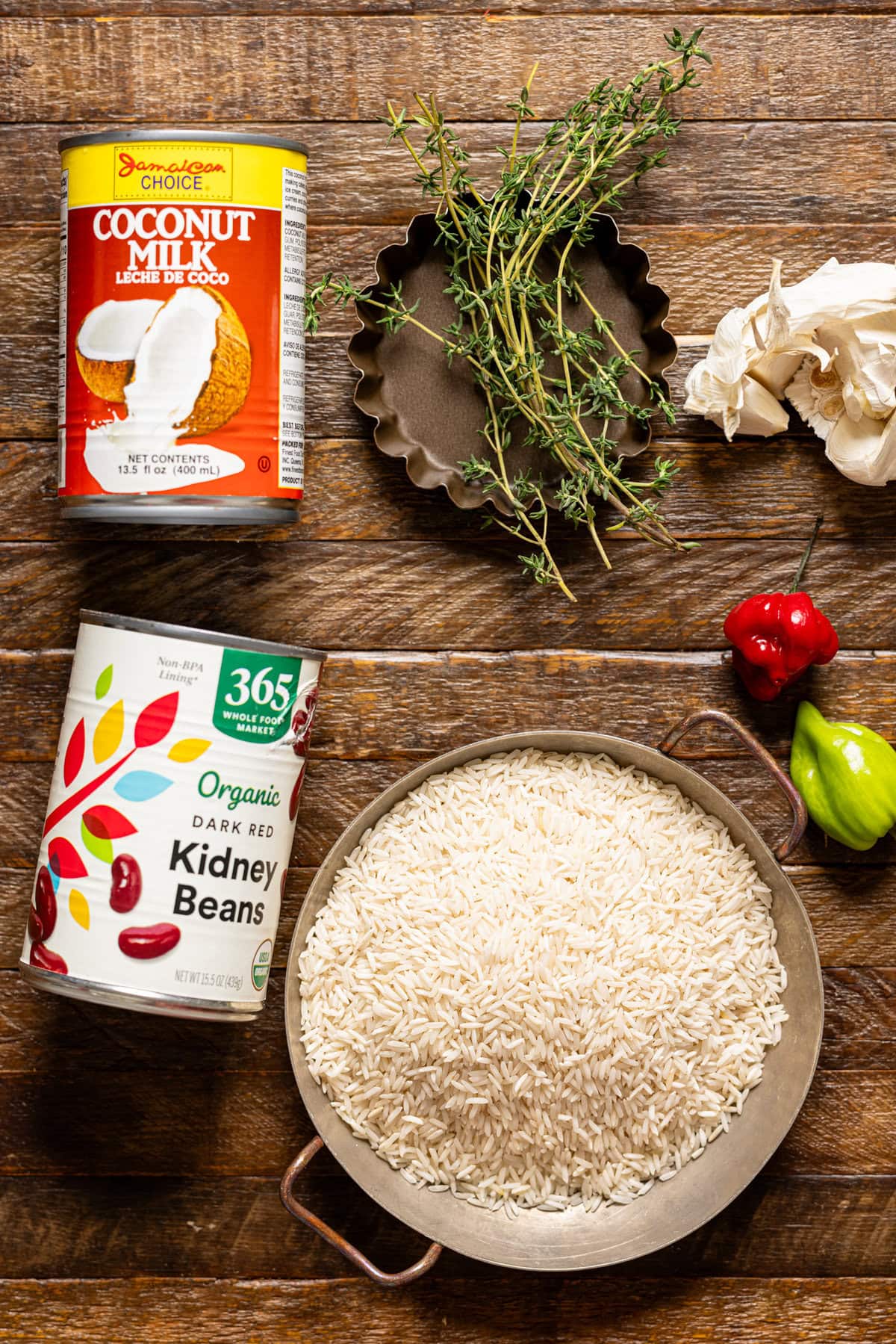 Ingredients on a brown wood table.