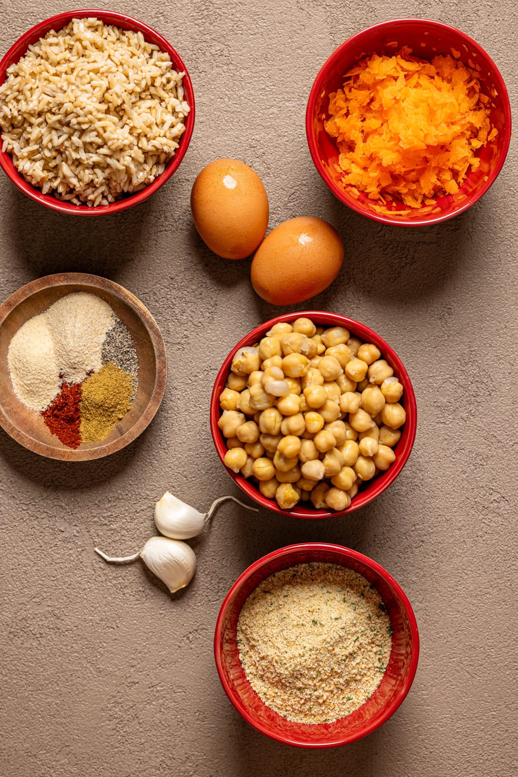 Ingredients on a greyish brown table.