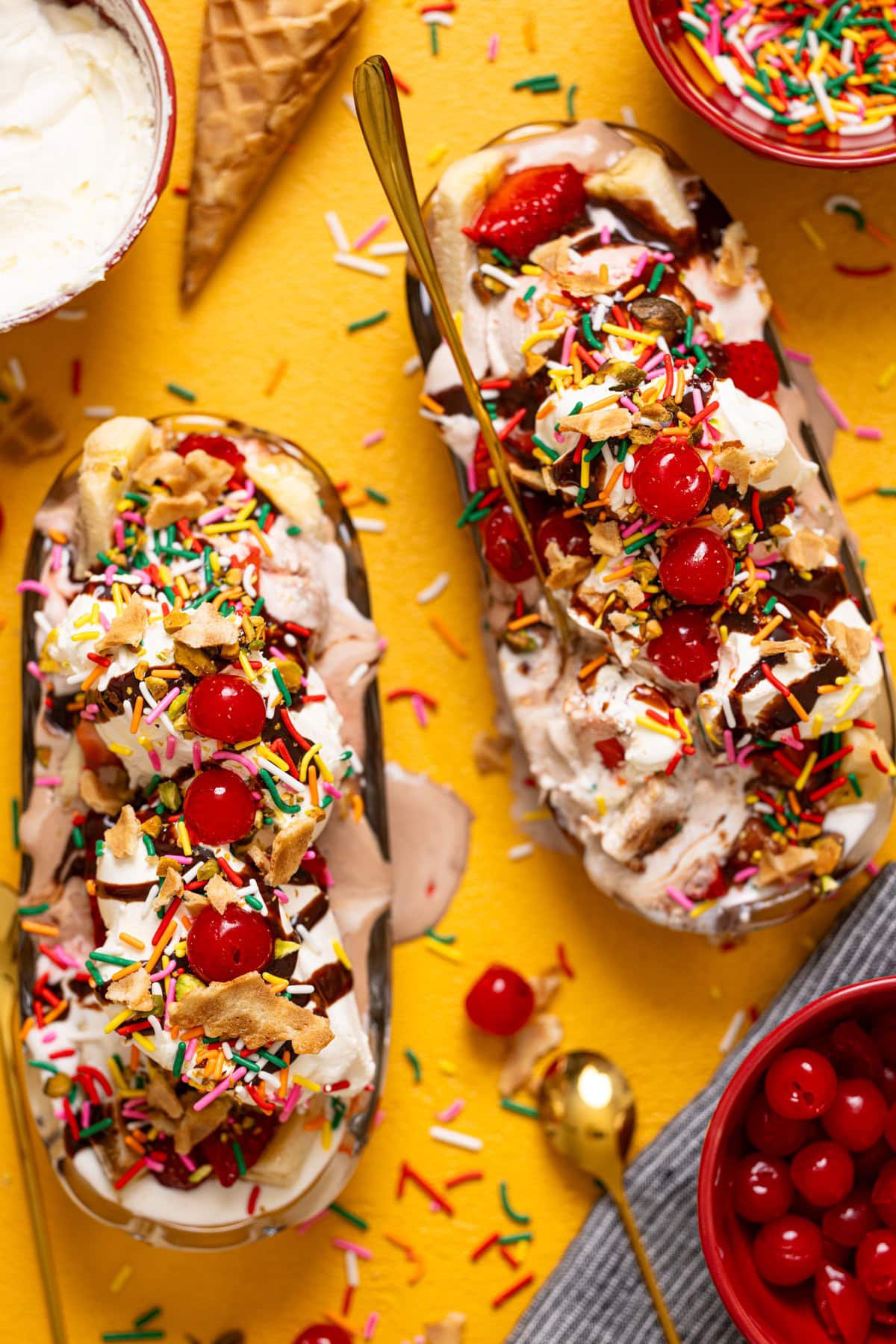 Up close shot of kid friendly banana split ice creams.