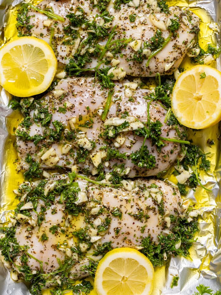 Up close shot of marinated chicken.