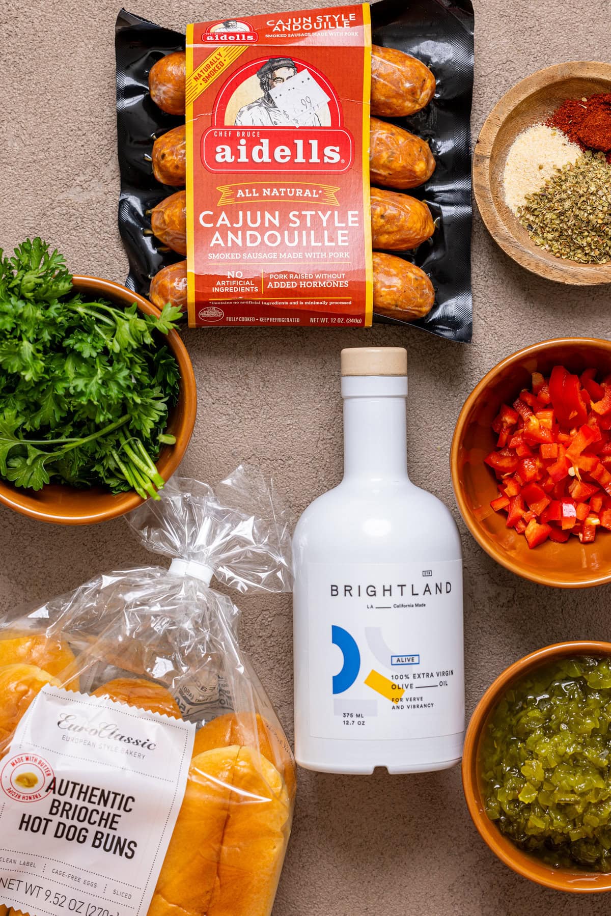 Ingredients on a brown grey-ish table.