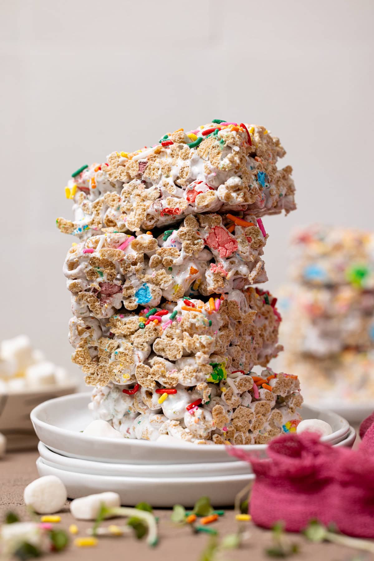 Up close shot of stacked marshmallow cereal bars.