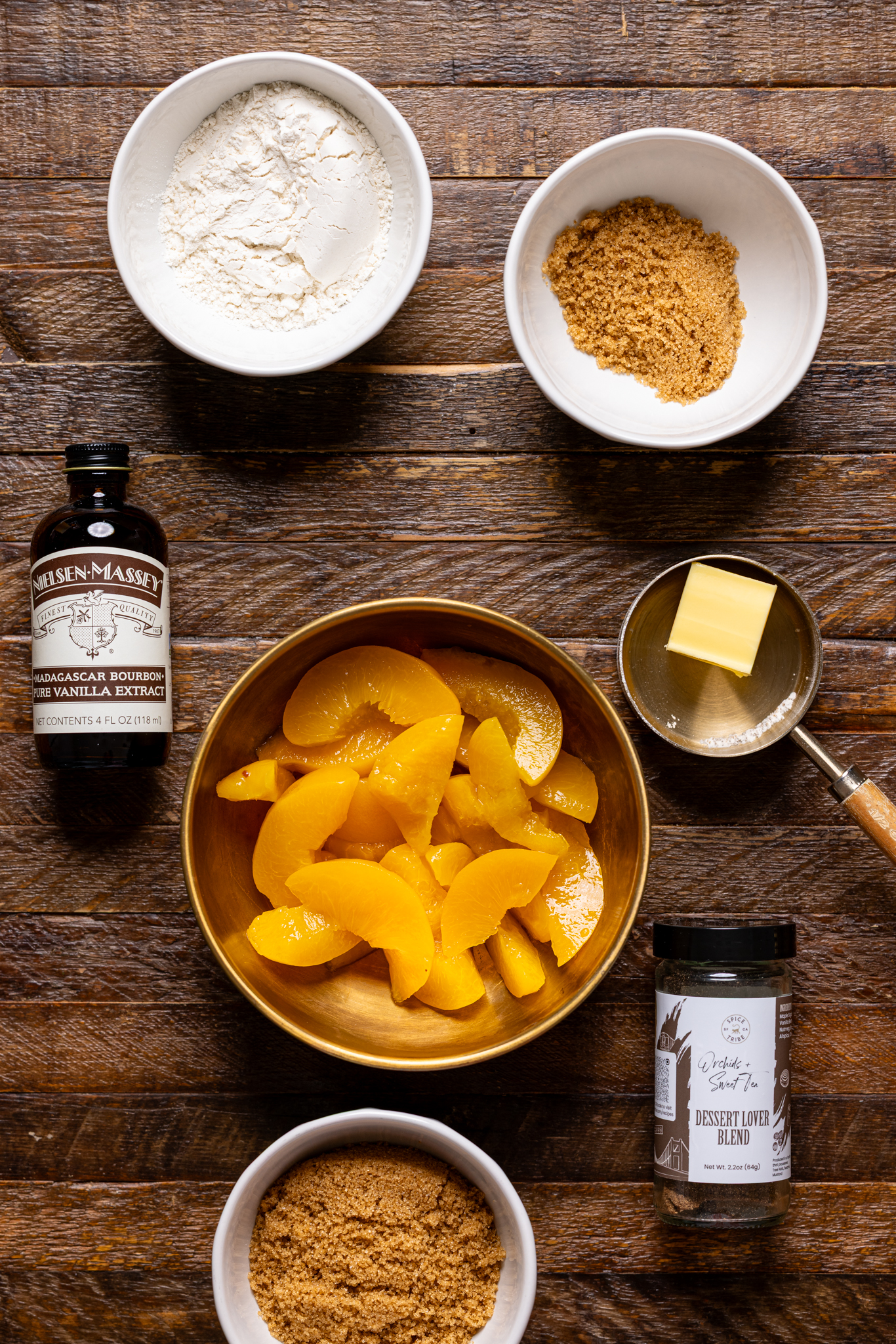 Ingredients on a brown wood table.