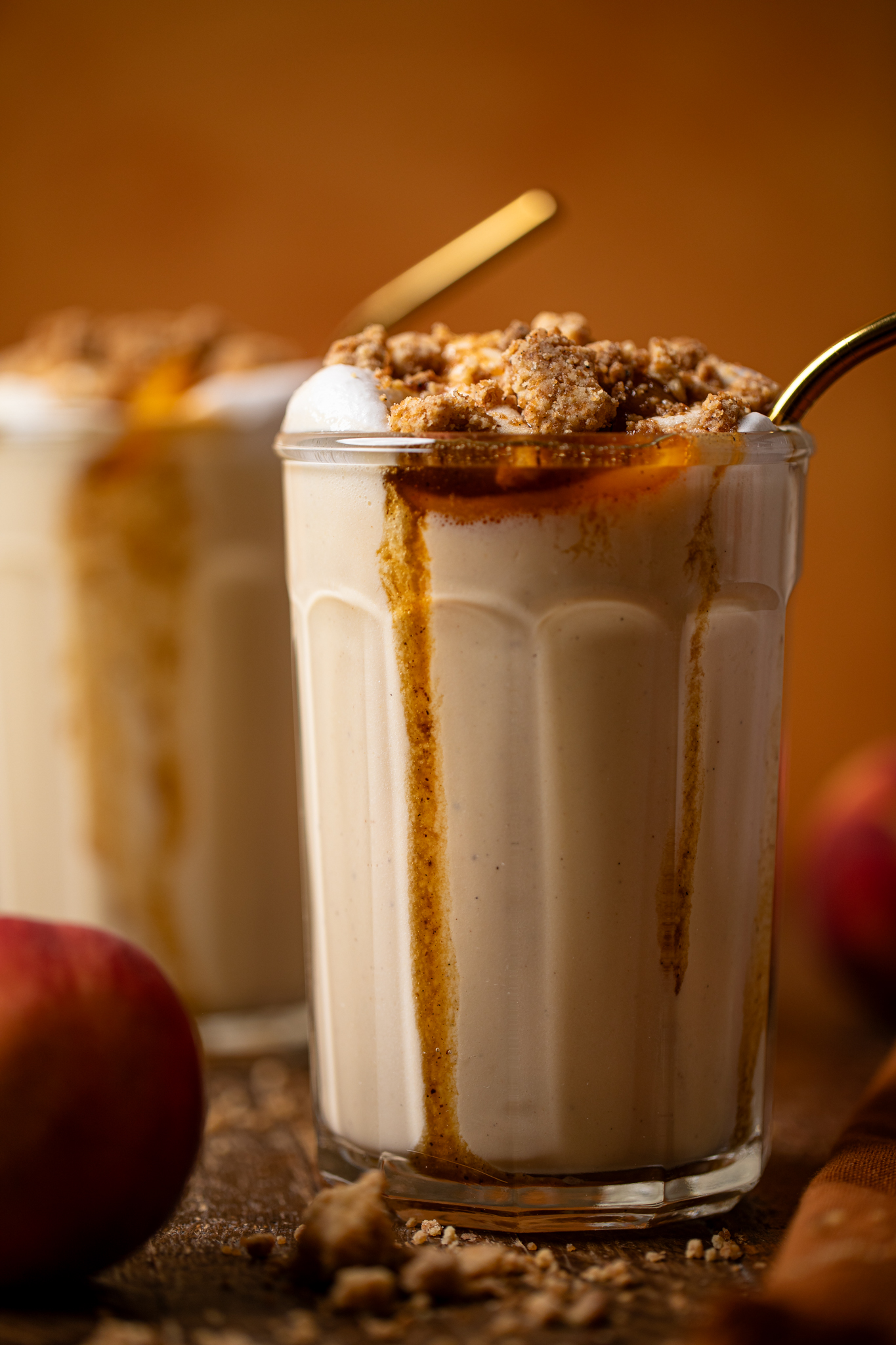 Up close shot of peach cobbler milkshake.