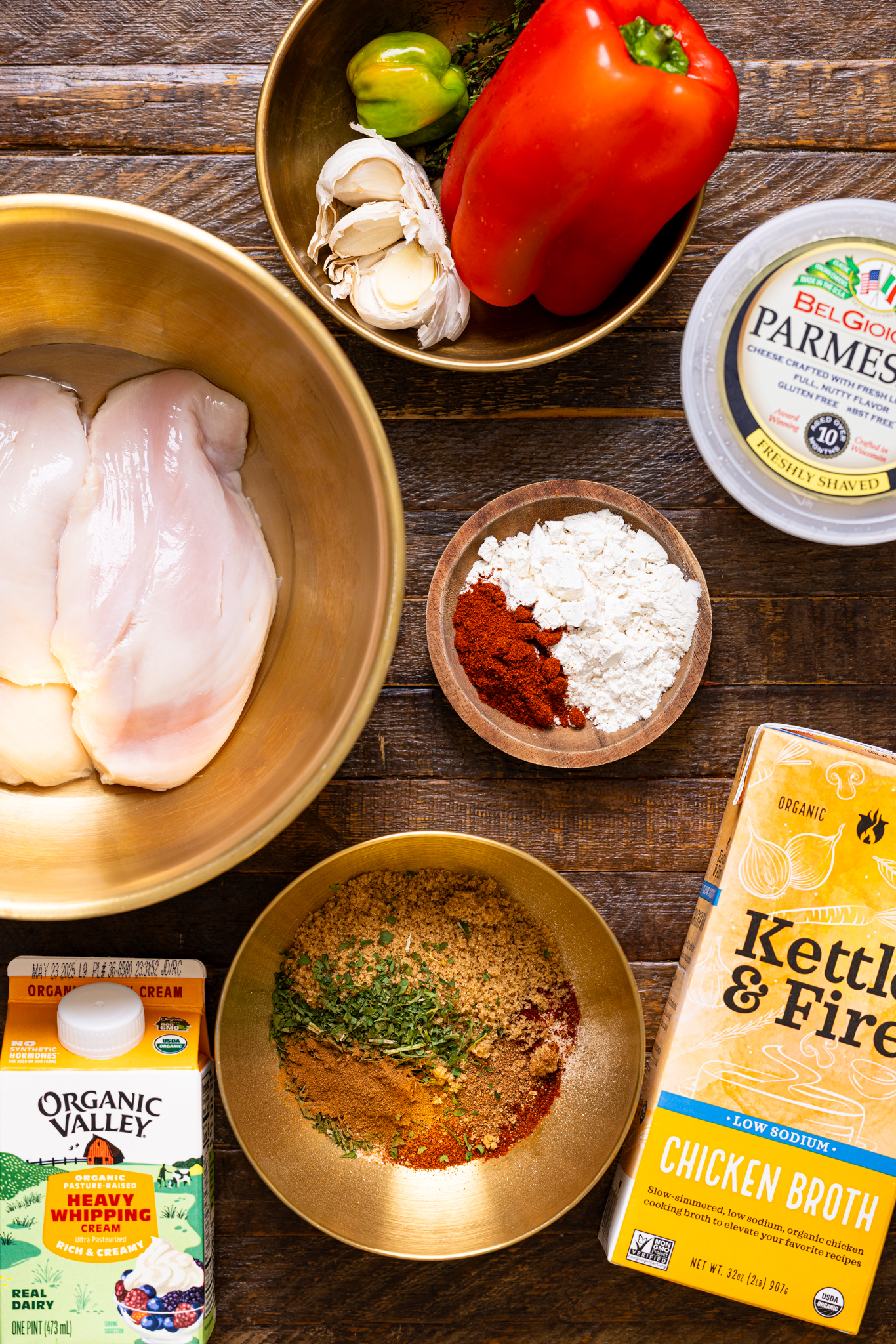 Ingredients on a brown wood table.