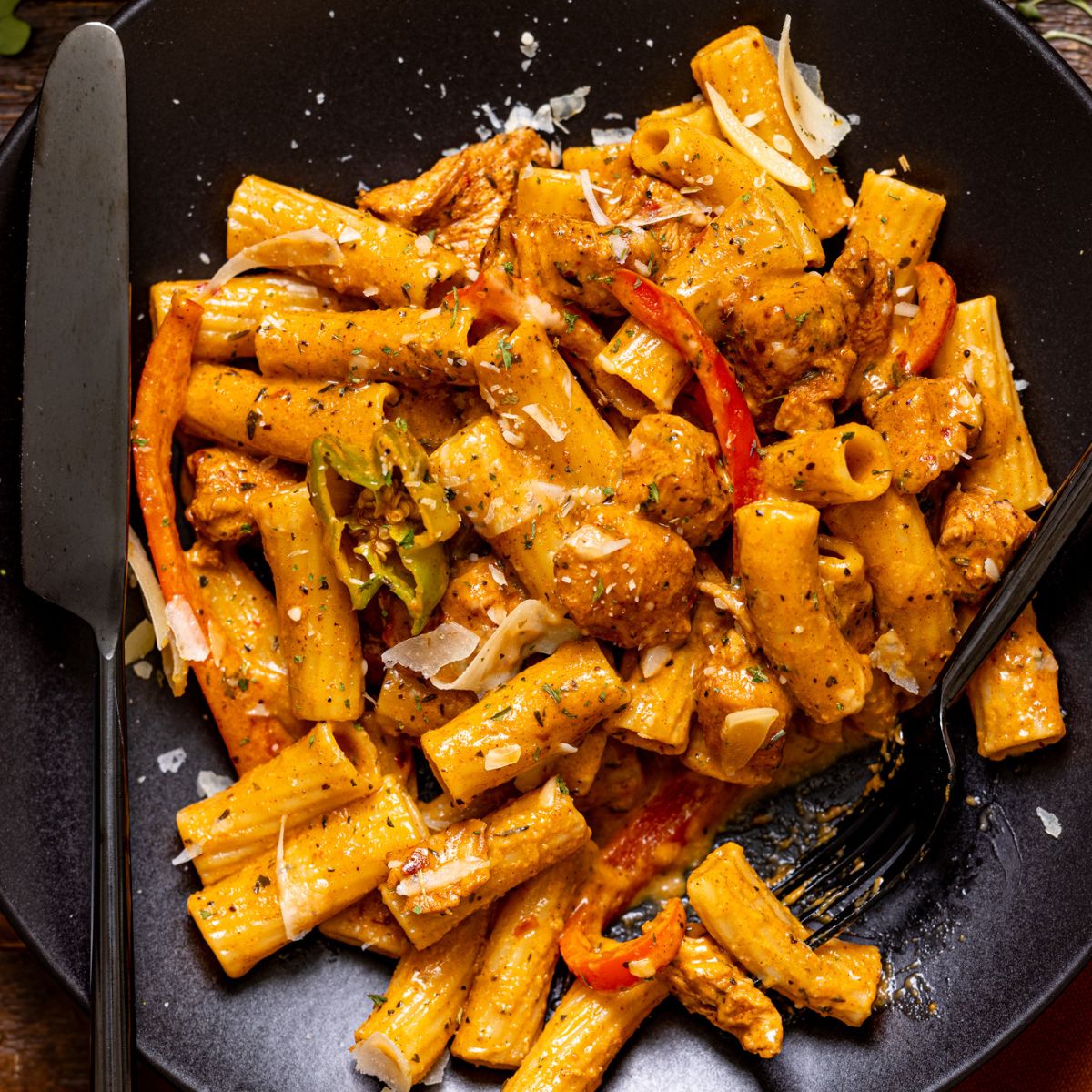 Up close shot of the Jerk Chicken Rasta Pasta on a plate with utensils.