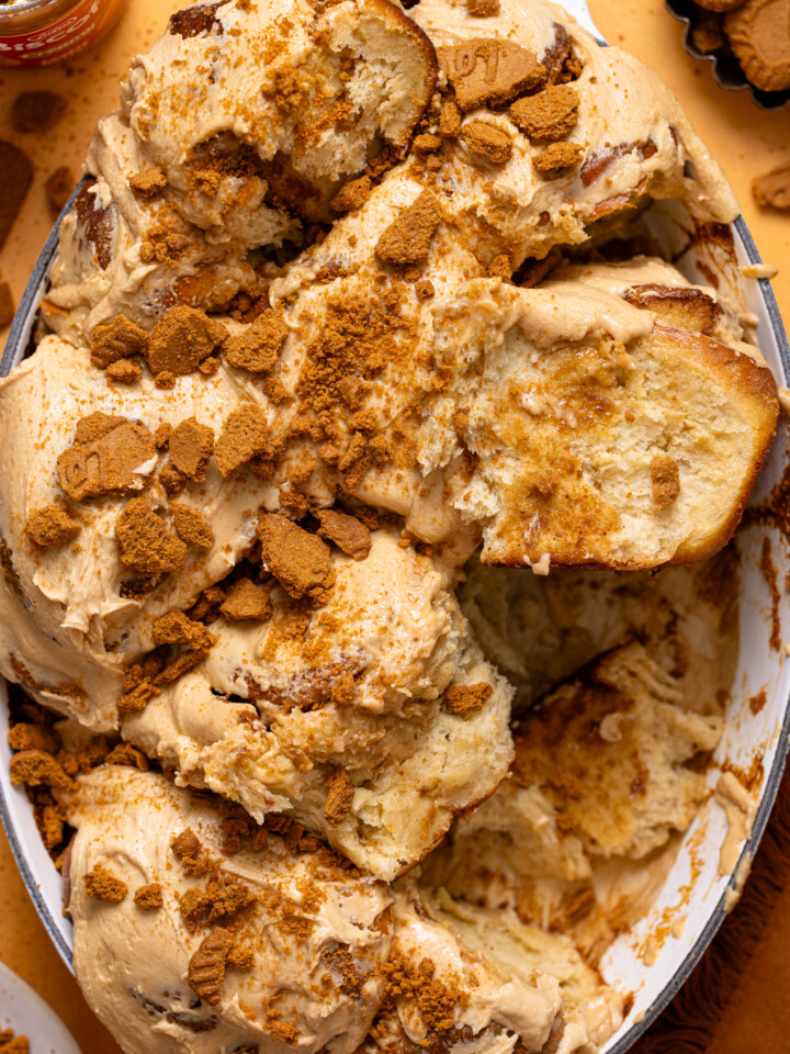 Biscoff Cookie Butter Cinnamon Rolls in a baking dish up close.