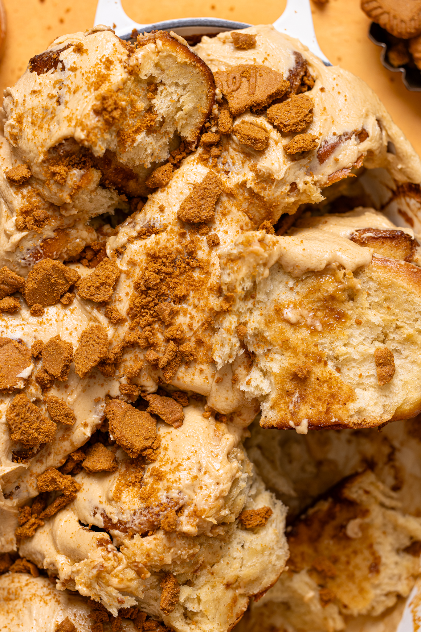 Up close shot of Biscoff Cookie Butter Cinnamon Rolls.