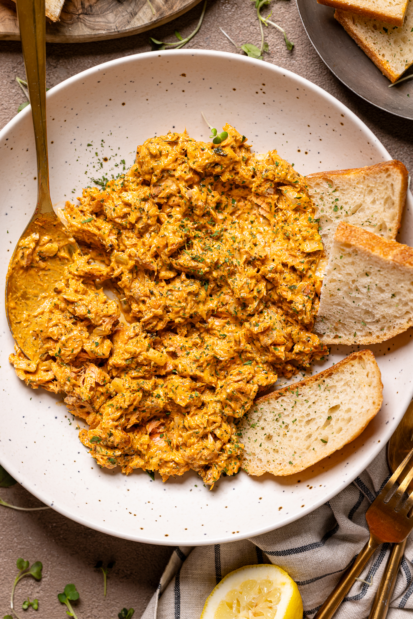 Salmon dip on a plate with a spoon and bread.