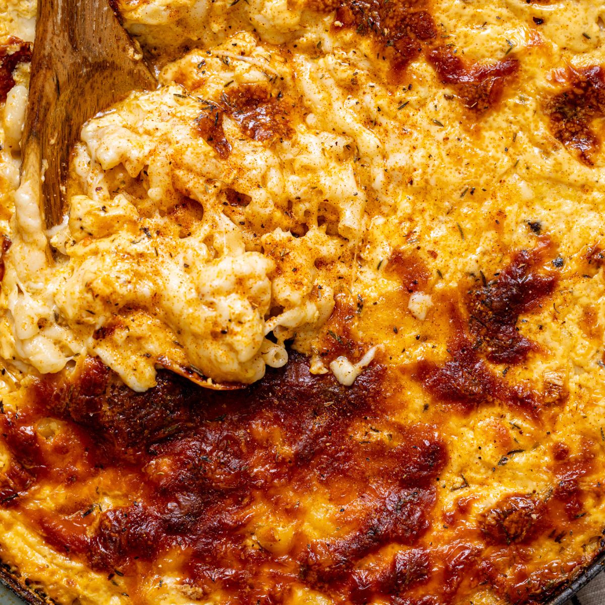 Up close shot of baked mac and cheese.