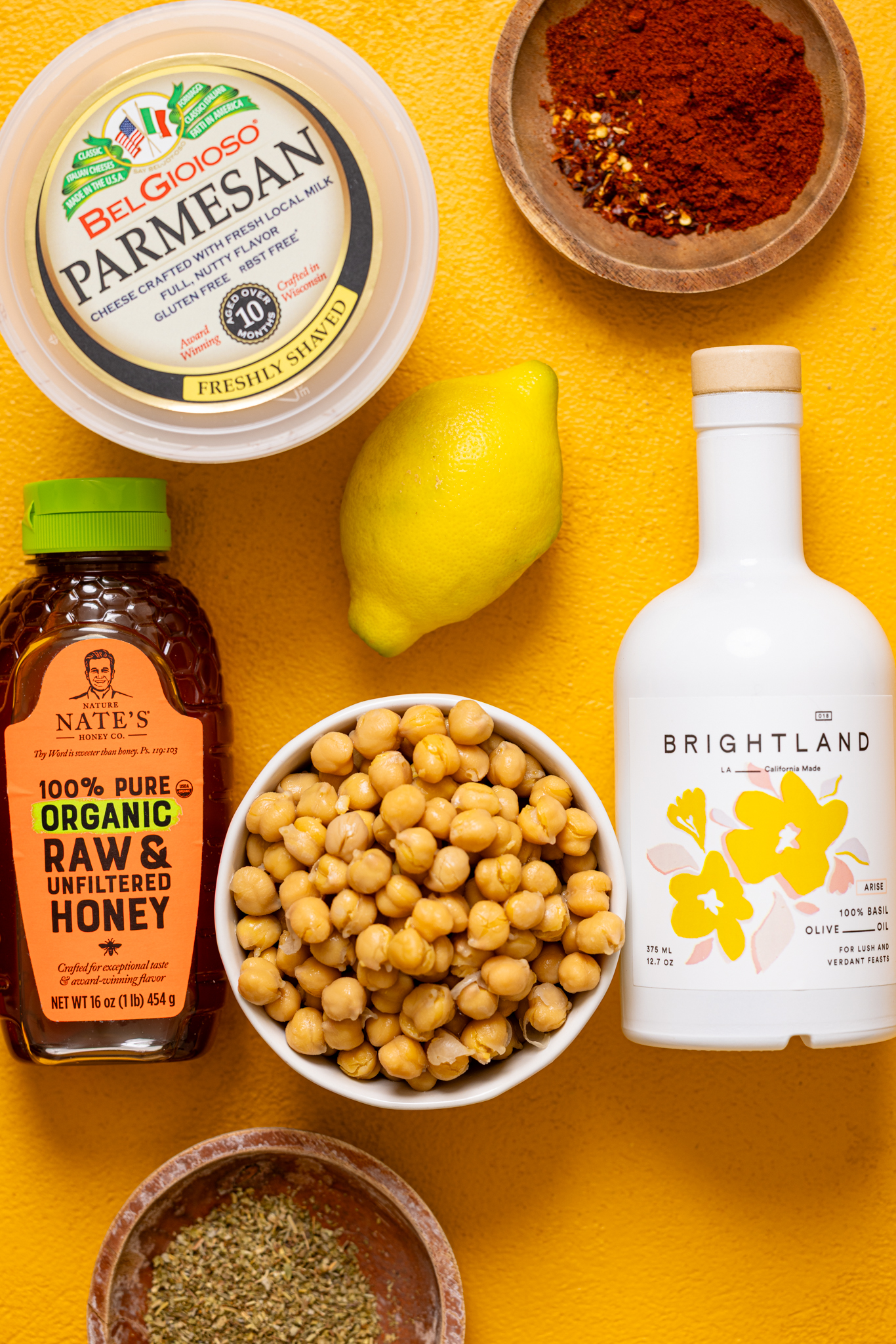 Ingredients on a yellow table.