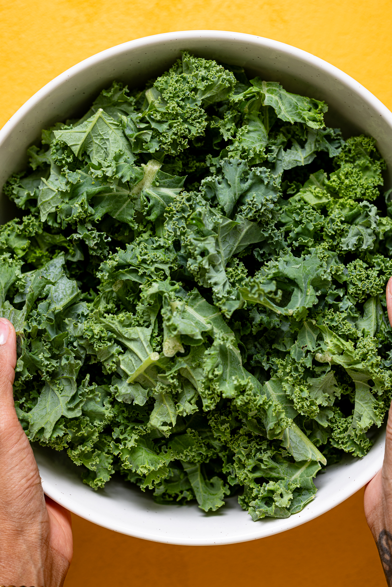 Fresh kale in a white bowl being held by woman hands.