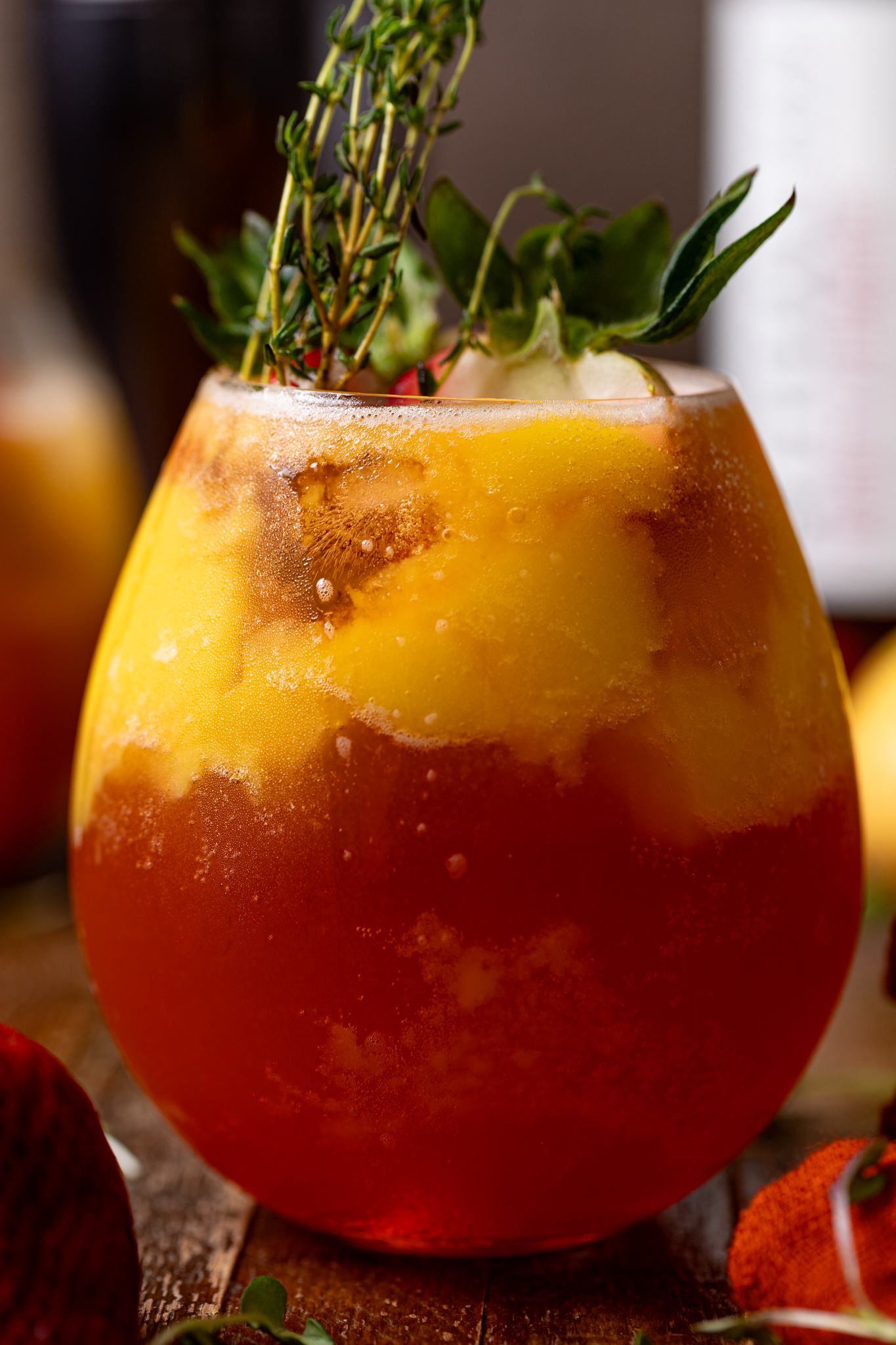 Up close shot of Mango Strawberry Smash Mocktail.