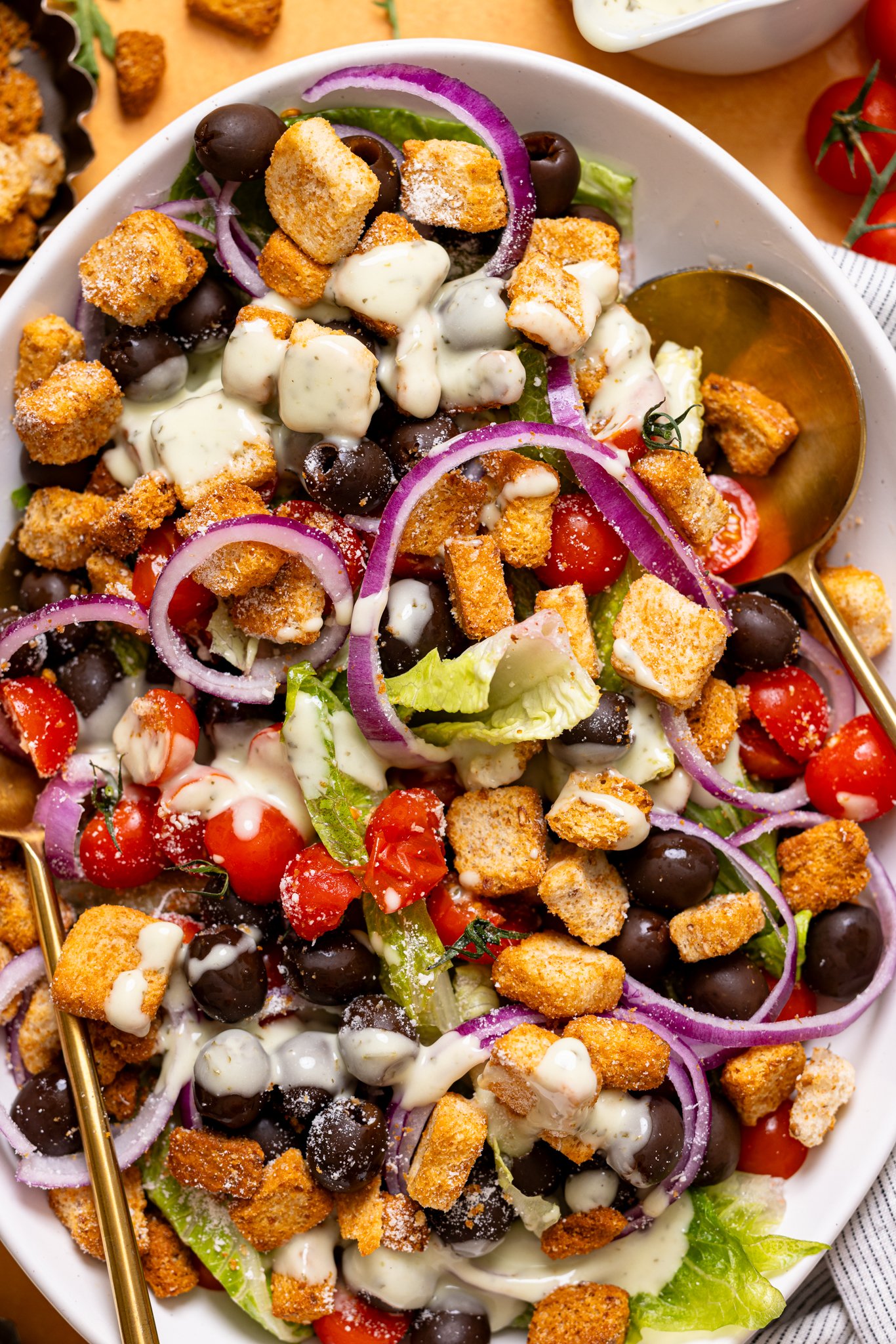 Up close shot of Copycat Olive Garden House Salad with Homemade Dressing.