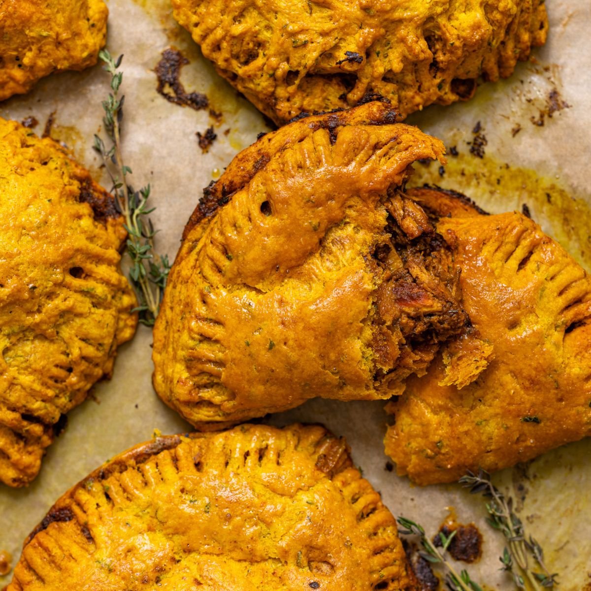 Up close shot of Flaky Jamaican Curry Chicken Patties.