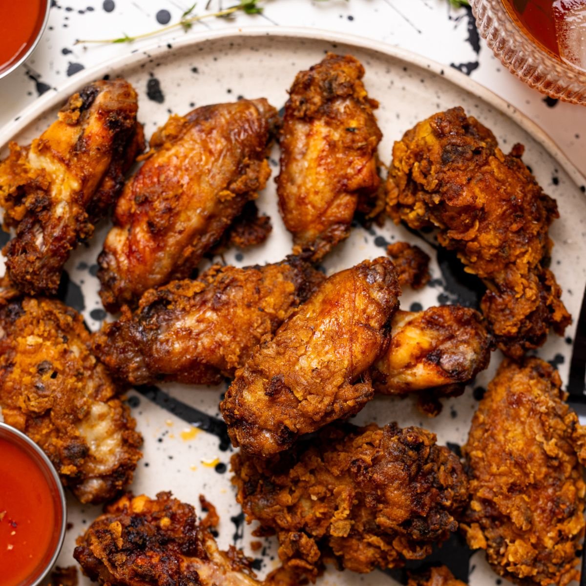 Up close shot of Crispy Spicy Fried Chicken Wings on a plate with hot sauce.